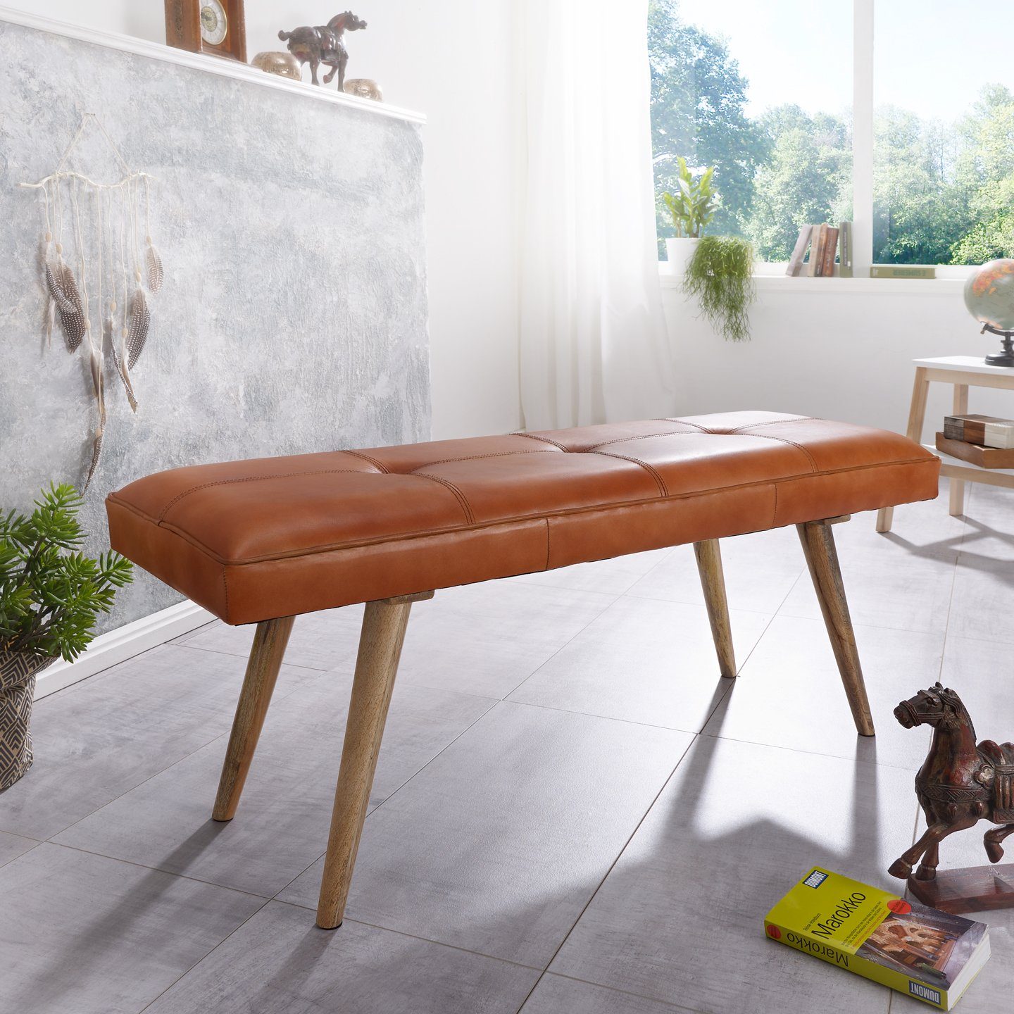 Wohnling Hockerbank Sitzbank Lederbank Holz Massiv Flurbank Esszimmerbank Polsterbank (Sitzbank Echtleder / Massivholz Bank 117x51x38 cm), 2er Polsterbank Flur, Lederbank Bettbank Klein