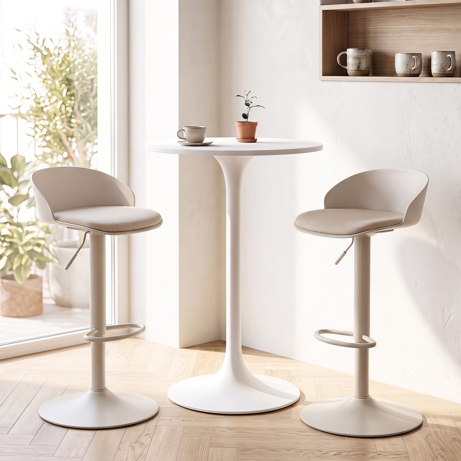 COSTWAY Barhocker 2er Set 360° drehbar höhenverstellbar, beige Drehstuhl gepolstert 150kg – Bild 2 von 5