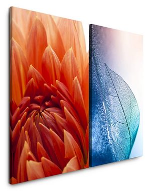 Sinus Art Leinwandbild 2 Bilder je 60x90cm Dahlie rote Blume Blaues Blatt Beruhigend Blattadern Fotokunst Nahaufnahme