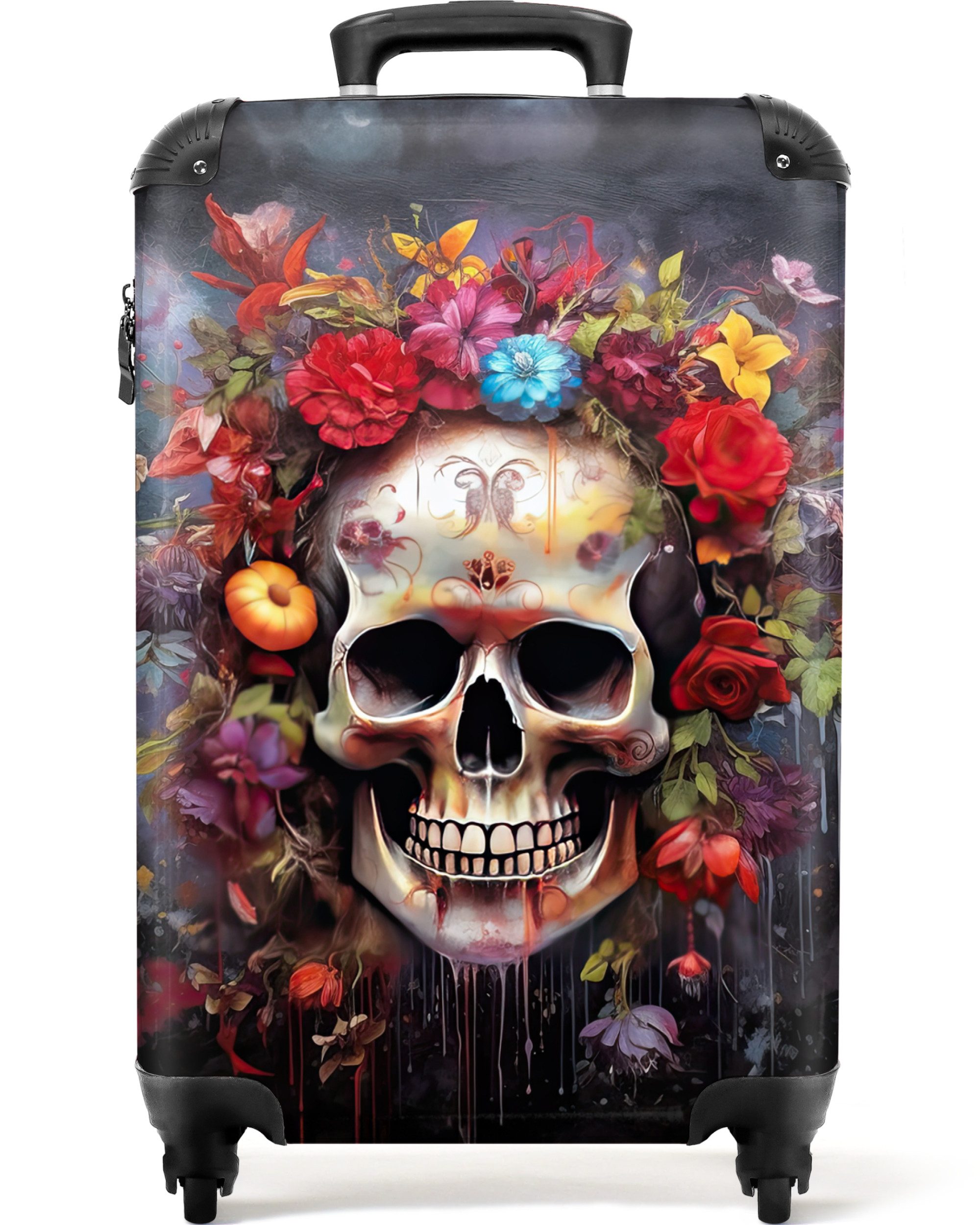 NoBoringSuitcases.com© Hartschalen-Trolley Totenkopf - Blumen - Botanisch - Abstrakt - Totenkopf 55x35x20cm, Reisetasche mit Rollen, Koffer Handgepäck Flugzeug
