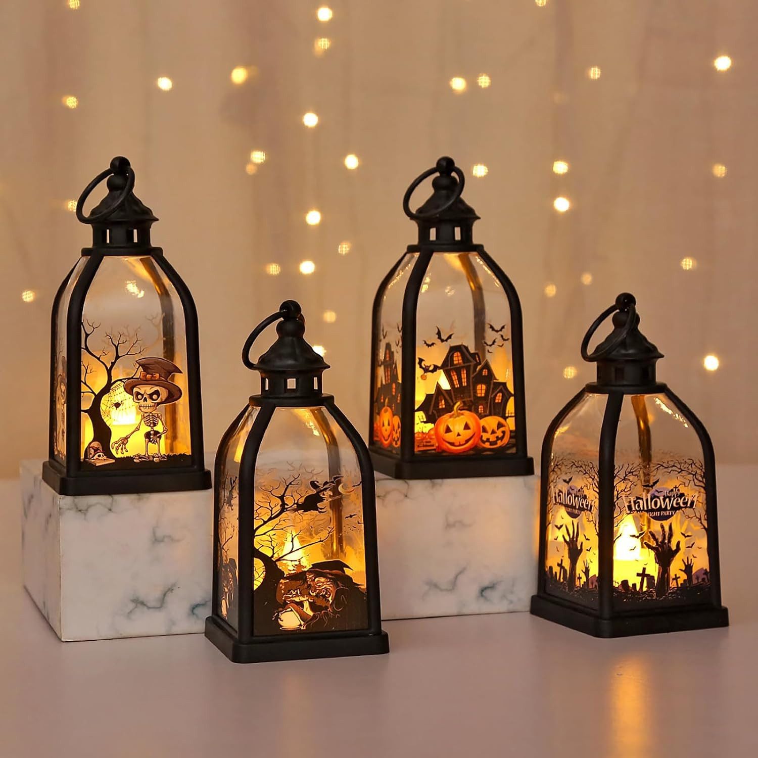 FELIXLEO LED Laterne 4 Stück Halloween Laternen, 15 cm LED-Kerzenlaternenmit Hexe und Geist