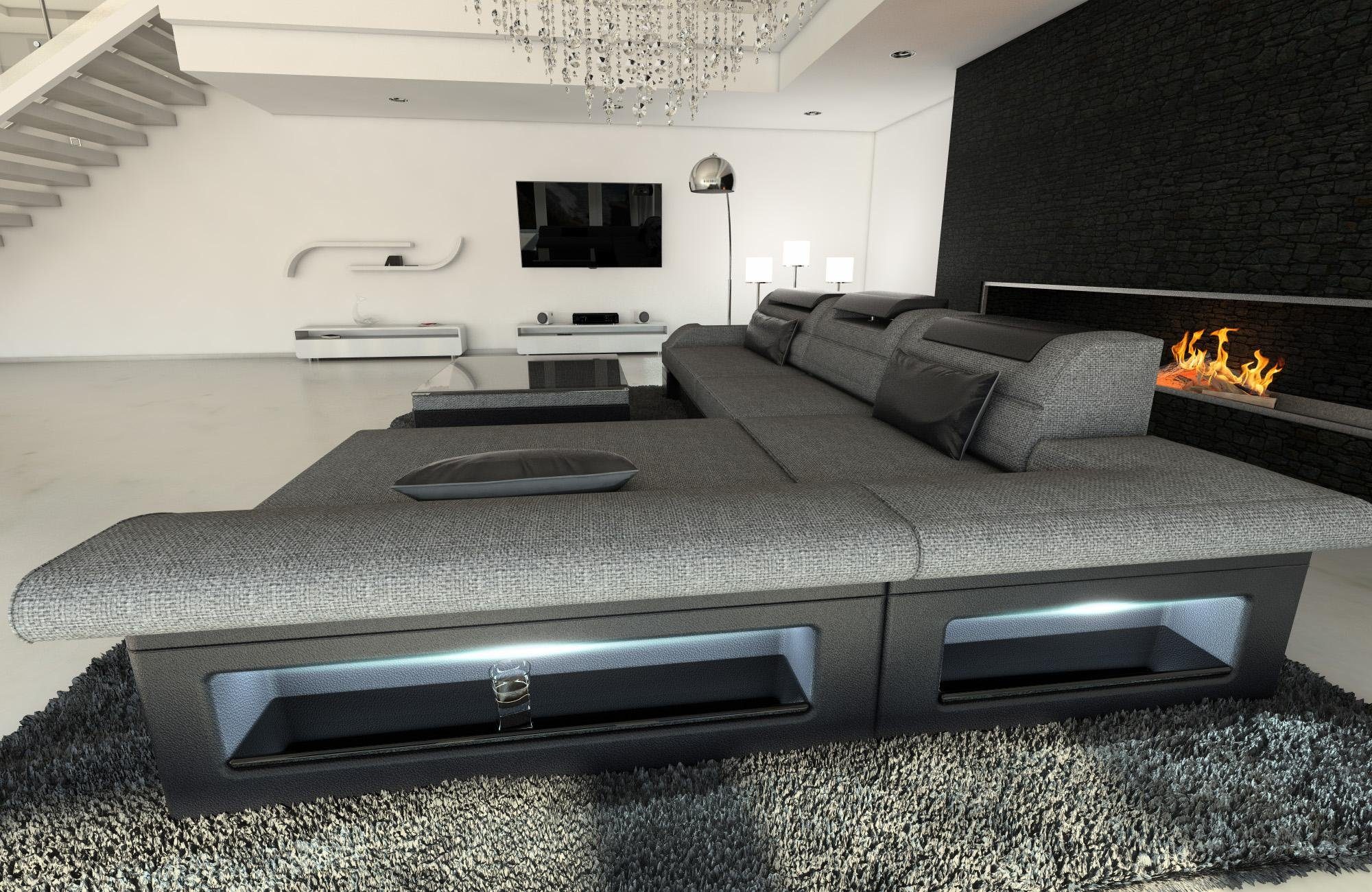 Sofa Dreams Ecksofa Stoffsofa Couch ausziehbare Monza Form, Polstersofa Designersofa LED, Stoff Grau-Schwarz mit Bettfunktion, L H5