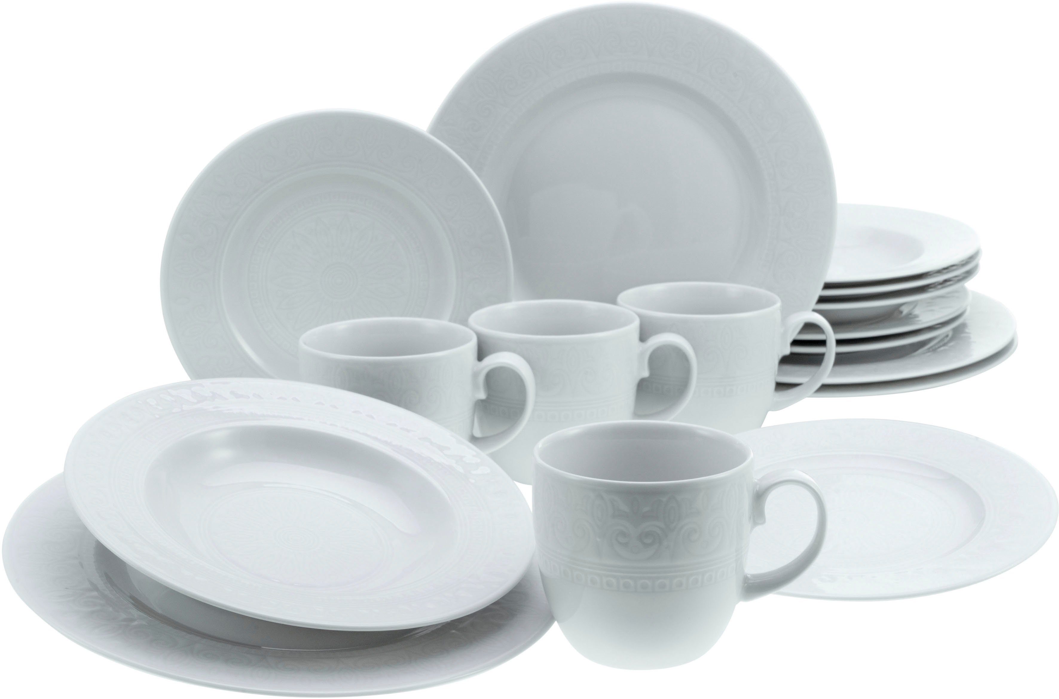 CreaTable Kombiservice Geschirr-Set Classico (16-tlg), 4 Personen, Porzellan, Service, weiß, ausdrucksstarkes Relief, 16 Teile, für 4 Personen