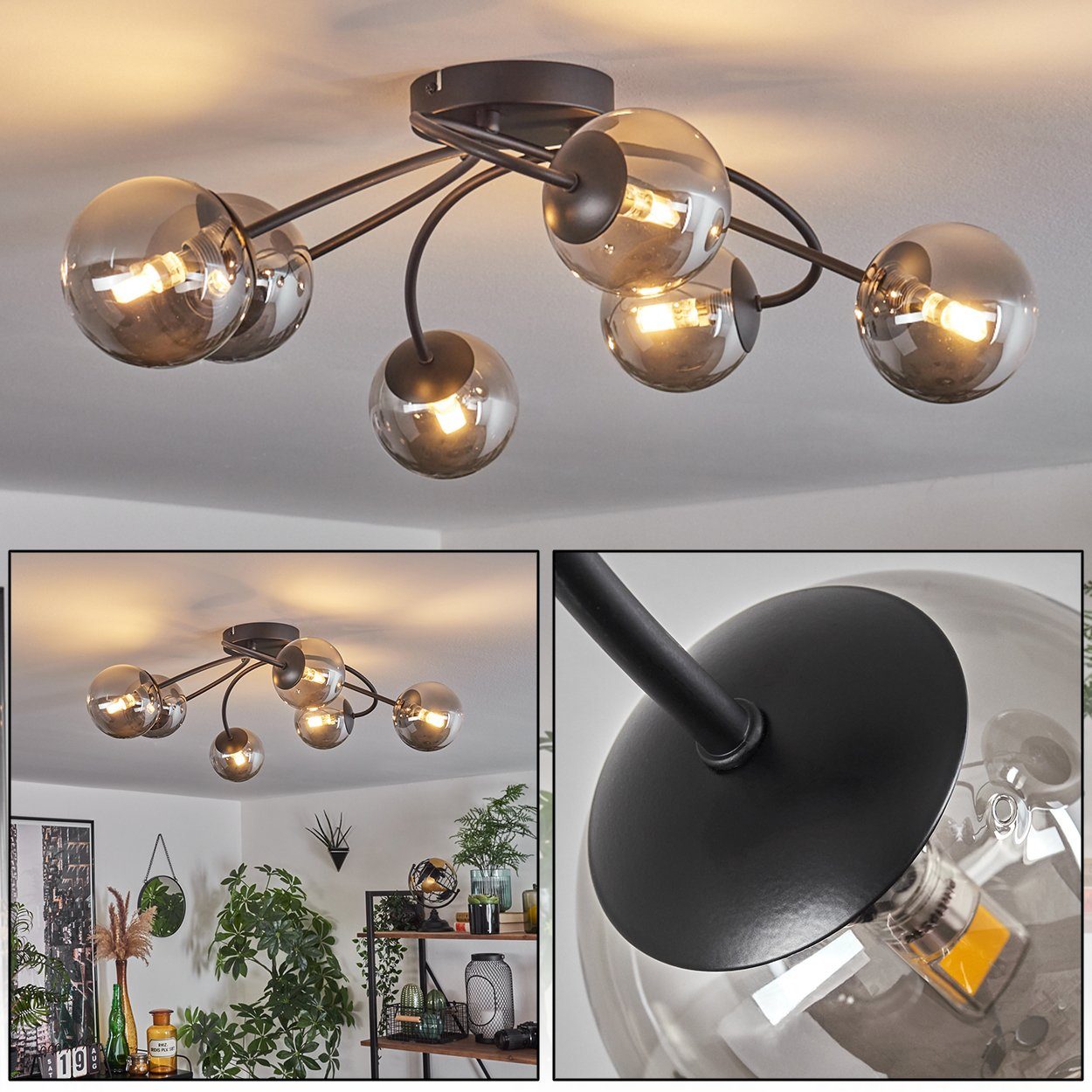 hofstein Deckenleuchte Deckenlampe aus Metall/Glas in Schwarz/Rauchfarben, ohne  Leuchtmittel, Leuchte im Retro-Design aus Glas, 6 x G9 LED, ohne  Leuchtmittel