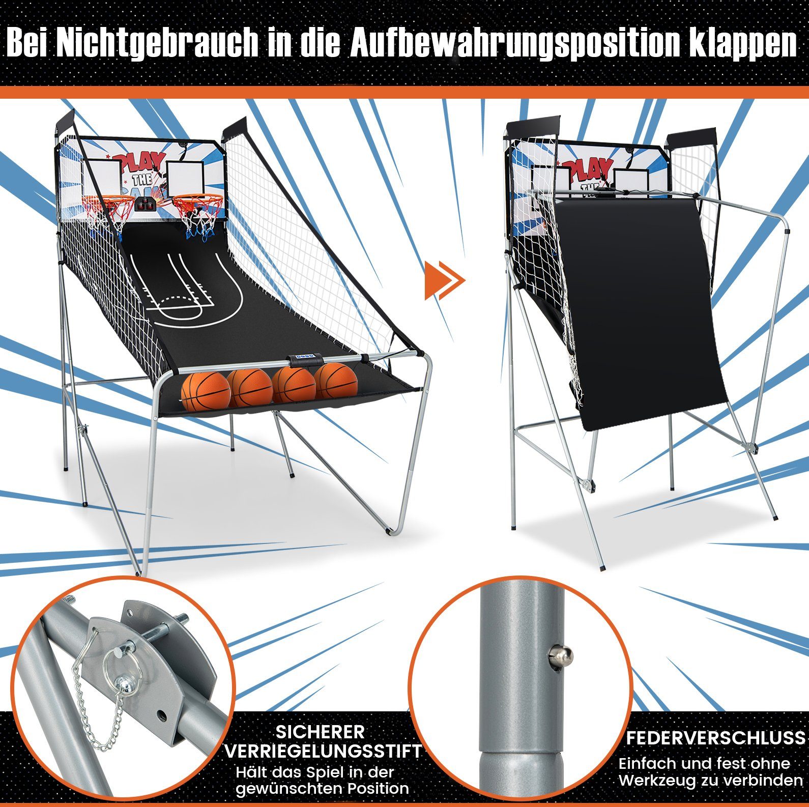 Bällen, 4 COSTWAY klappbar Basketballkorb inkl. Arcade-Basketballspiel, weiß