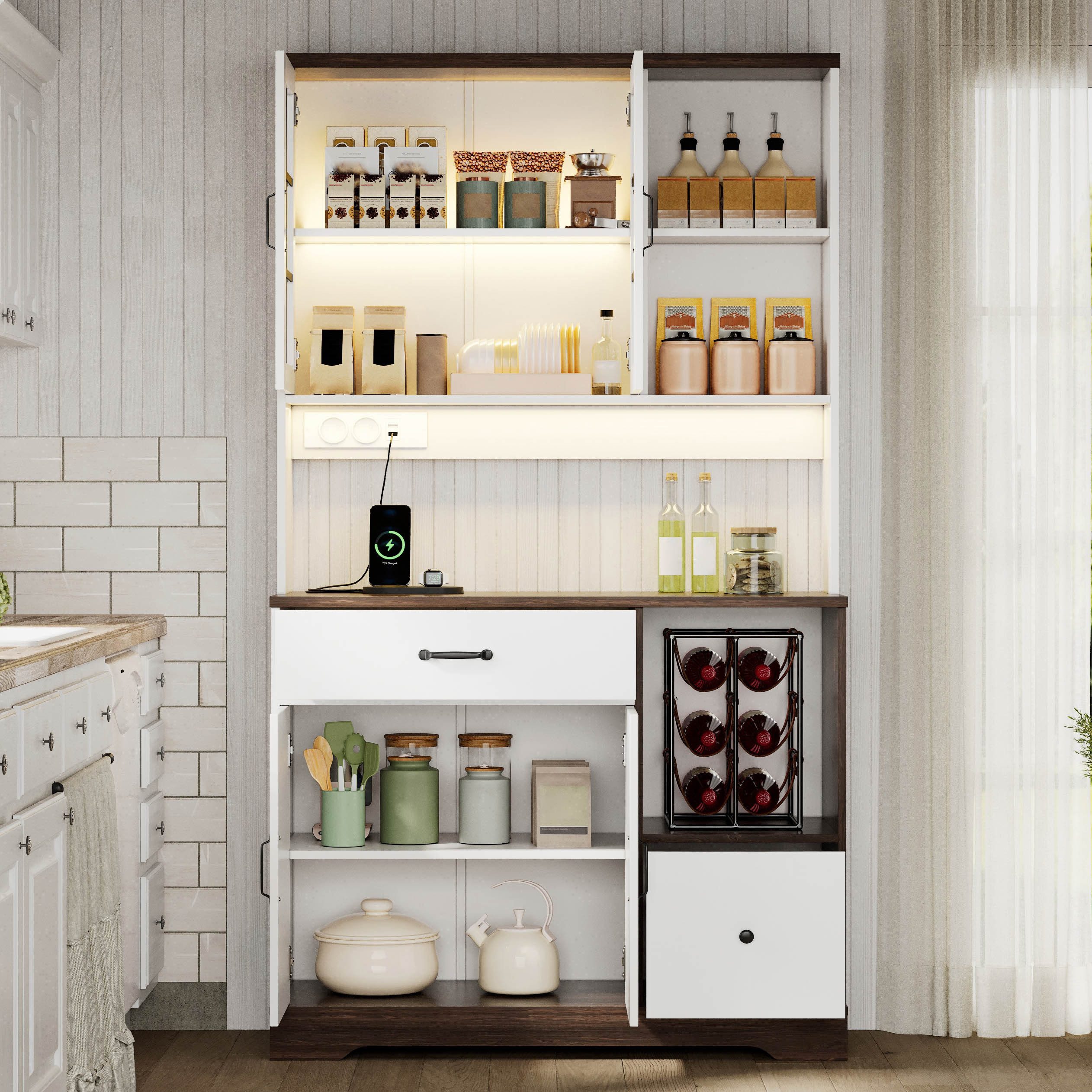 Fine Life Pro Standvitrine Hoher Scheunstil Küchenschrank 185×105×40 cm mit LED & Steckdosen