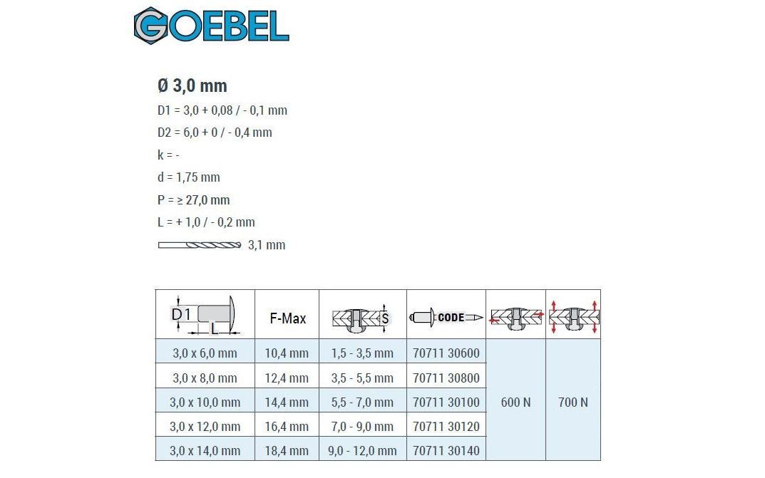 GmbH 6,0 mm, - St., Niete 3,0 Blindniete Stahl - Popniete), GOEBEL 1000 Senkkopf - (1000x STANDARD x Aluminium / Senkkopf 7071130600, ISO15978