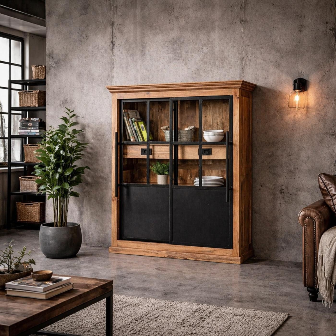baario Highboard Highboard HOXT Industrial, Vitrine massiv Mangoholz & Eisen Geschirrschrank