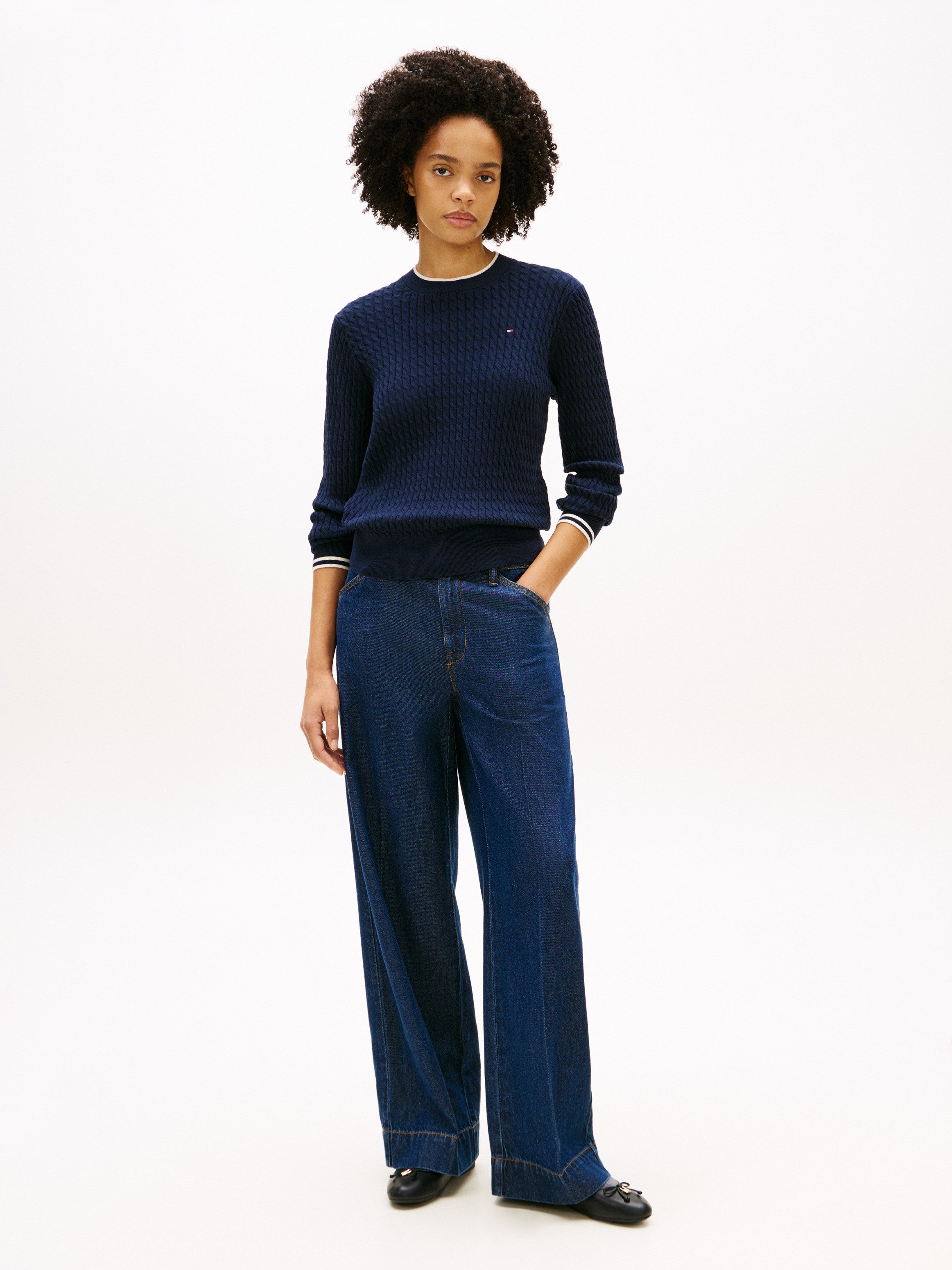 Tommy Hilfiger Rundhalspullover CO CABLE C-NK LS SWEATER Baumwolle, mit Zopfmuster, Regular Fit