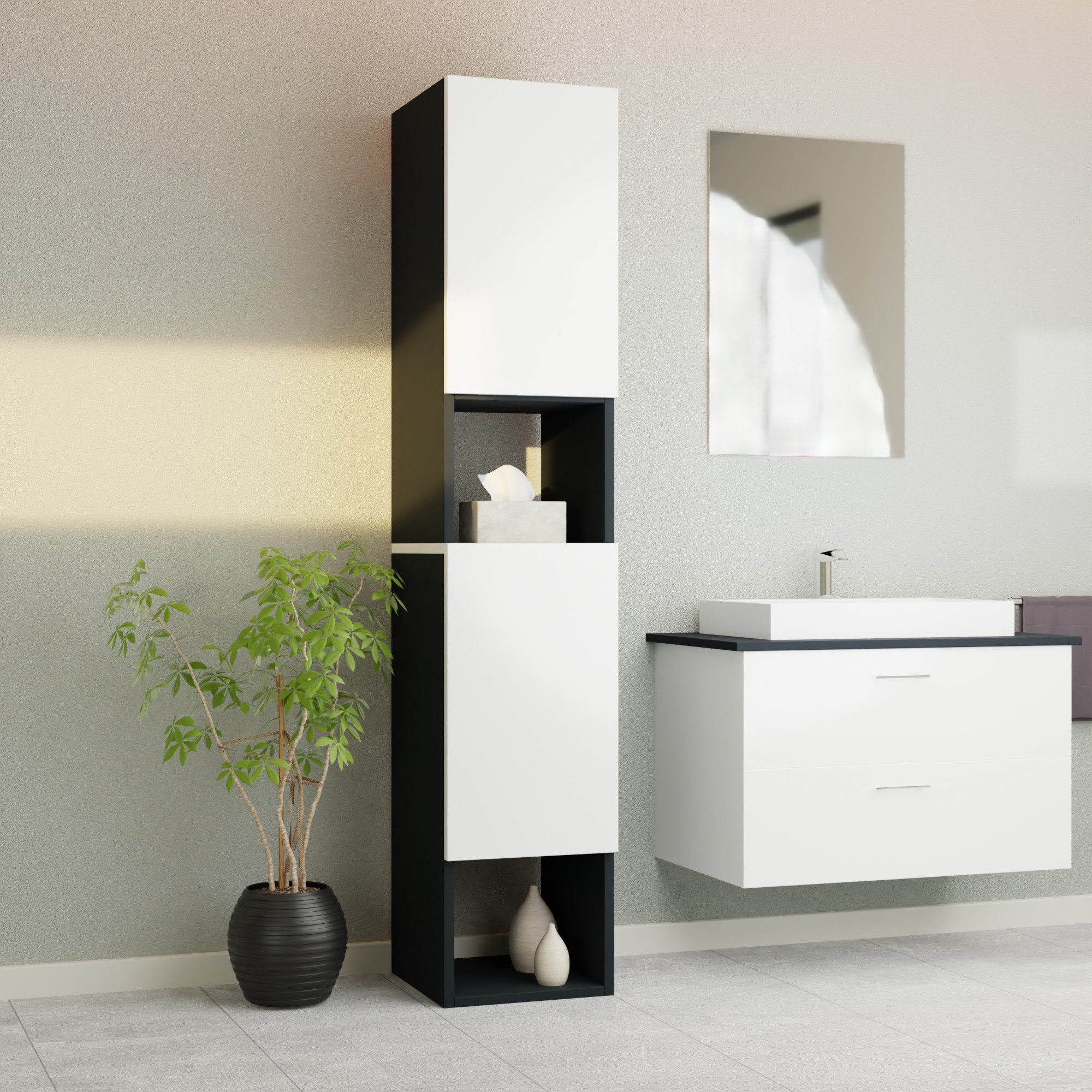 Badezimmer-Set Badezimmerschrank GLC2, hängend, stehend, Weiß