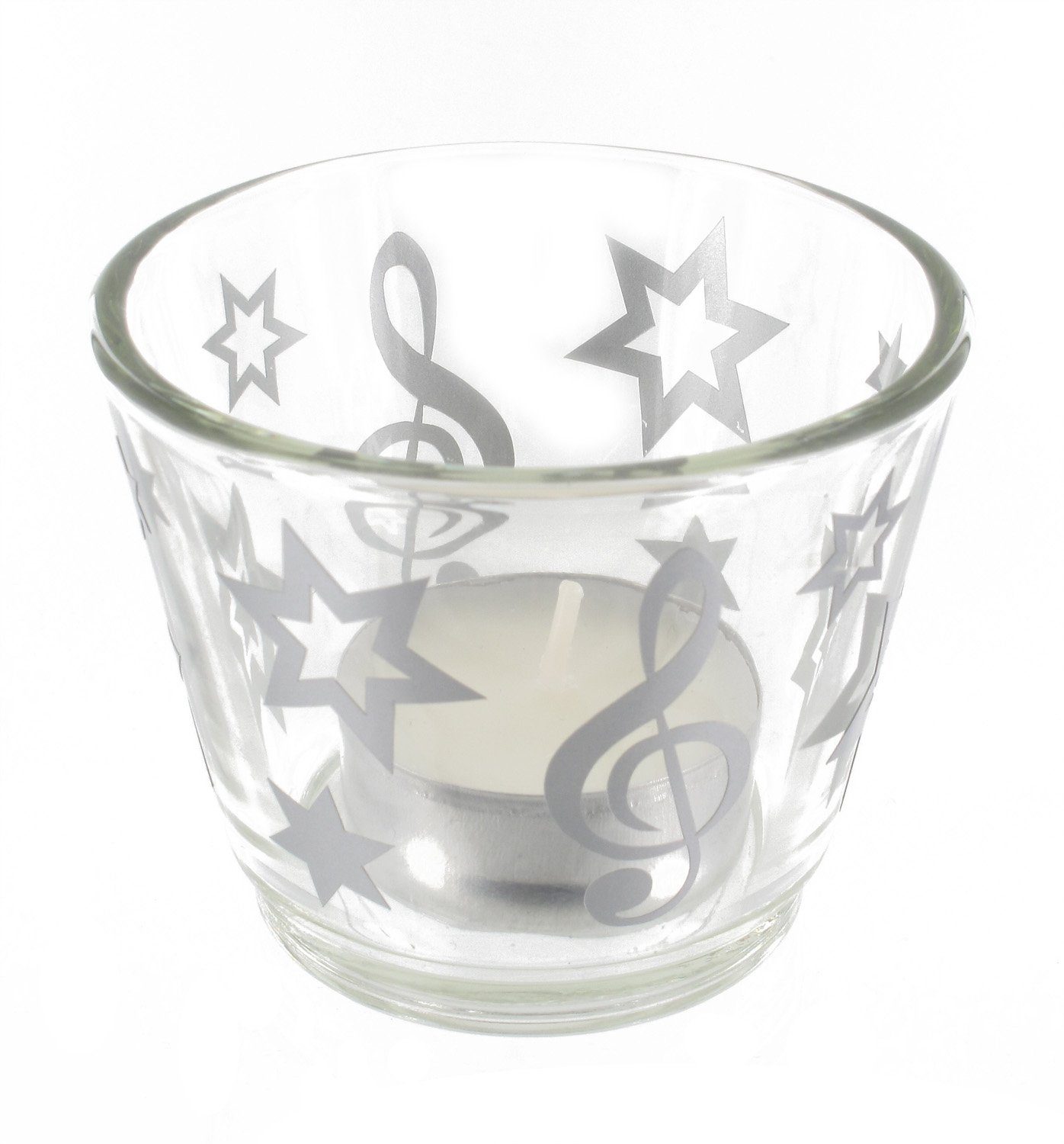 mugesh Tischkerzenhalter Glas-Windlicht Violinschlüssel / Notenschlüssel mit Sternen, für Musiker silber | Kerzenständer