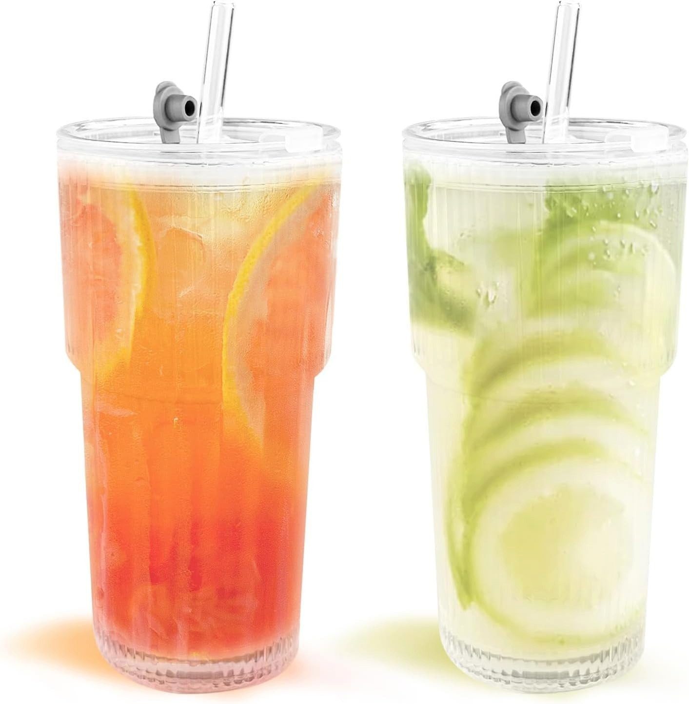 Zengi Gläser-Set für Eiskaffee Eistee Wasser 600 ml mit Deckel Strohhalm Transparent, 2-tlg., Glas, hermetische Deckel, hitze- und temperaturbeständig