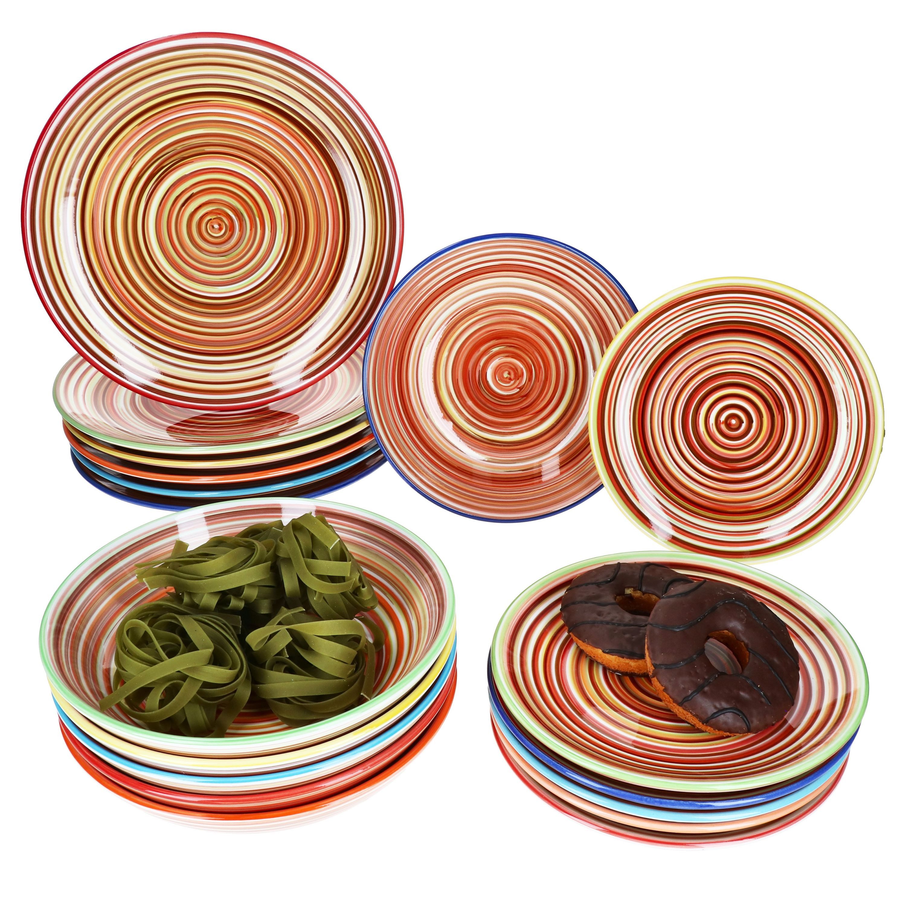 MamboCat Teller-Set 18tlg Tellerset Linea gestreift 6 Pers Kuchenteller Speiseteller, Steingut