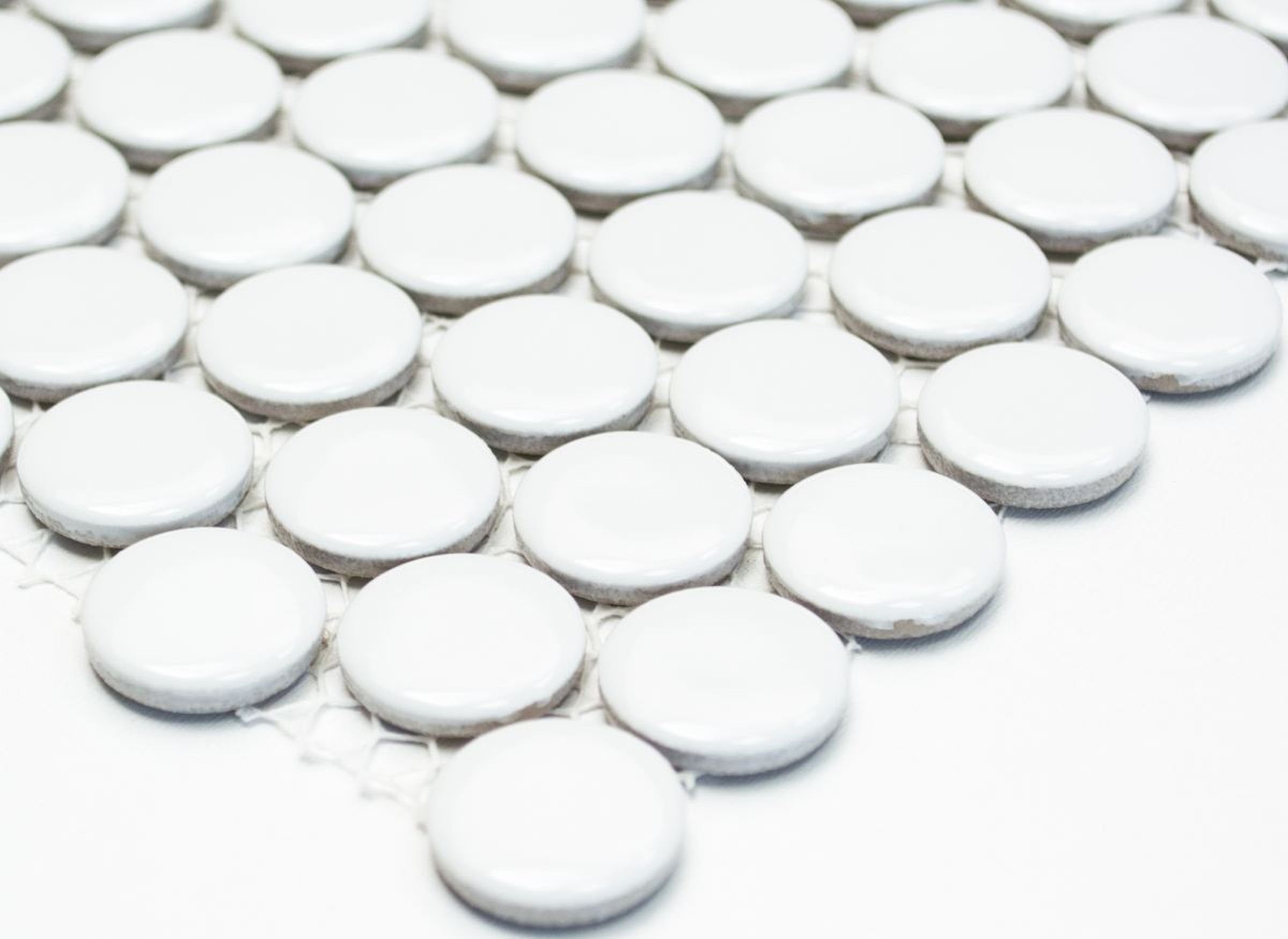 Thumbnail - Mosani Mosaikfliesen Knopfmosaik LOOP Rundmosaik weiß glänzend Wand Küche Dusche BAD, Keramik, weiß, Bodengeeignet Frost...