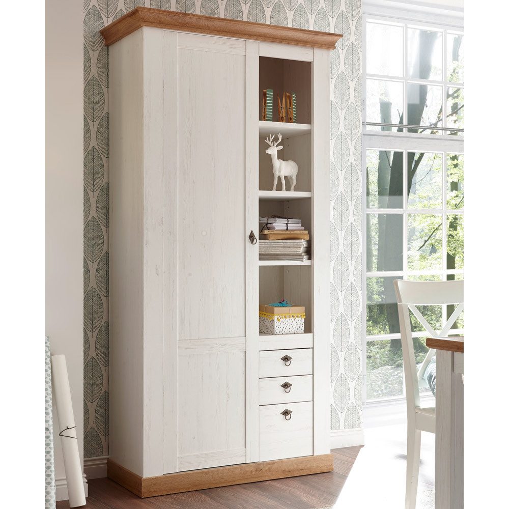 Lomadox Mehrzweckschrank LINARES-61 Pinie weiß / Wotan Eiche Nb. mit Regal-Fächern - 102/204/44 cm