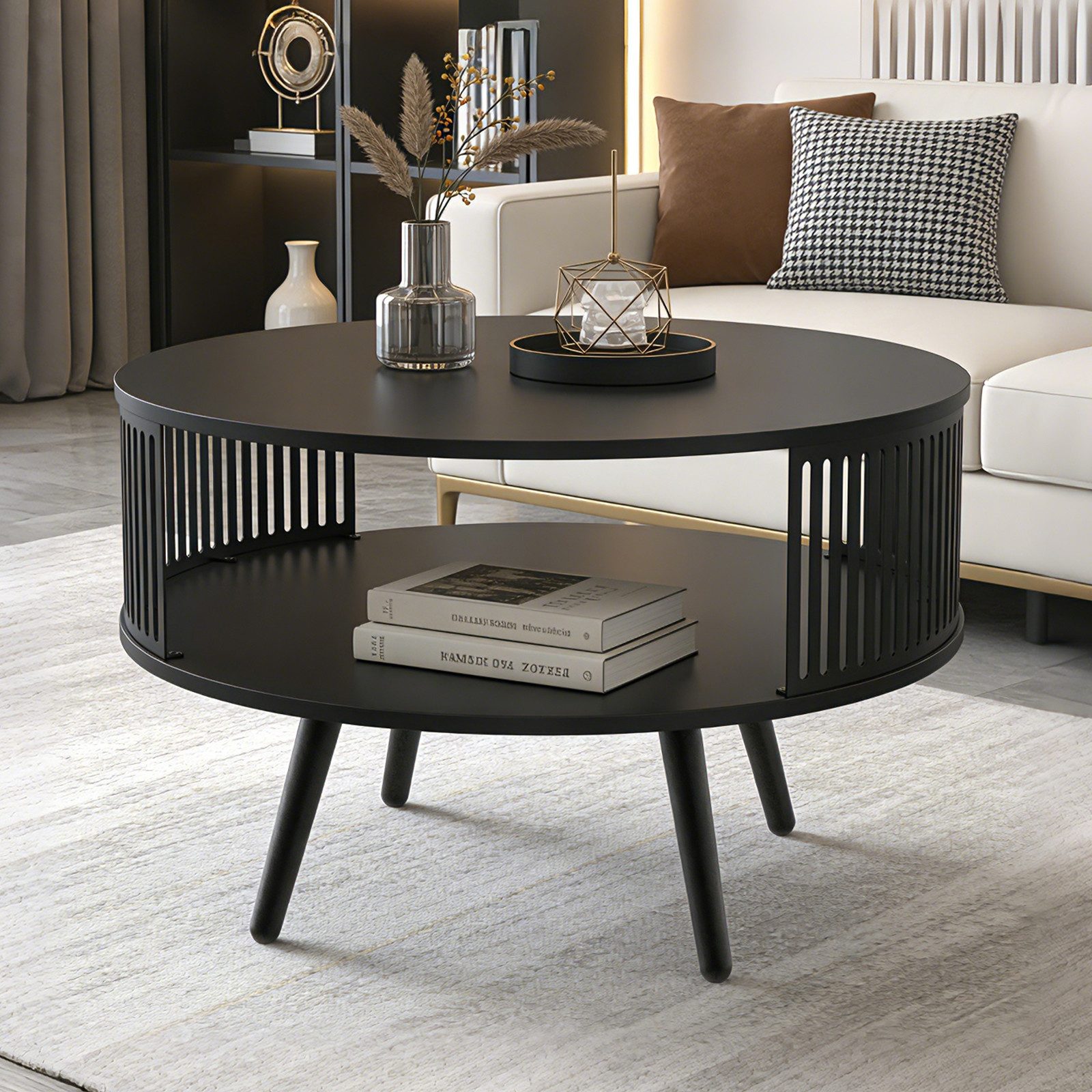 PEALOV Couchtisch rund, mit Ablage, Ø 75 cm, aus Metall, Schwarz (1-St), mit Ablage