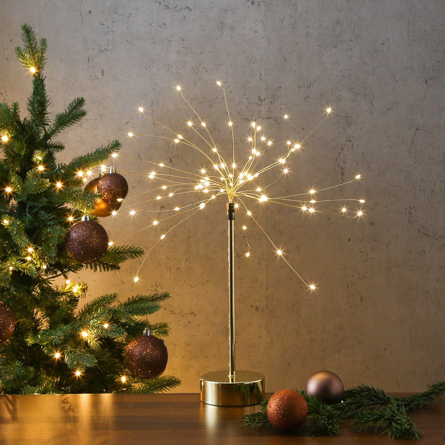 MARELIDA LED Dekolicht LED Stern Feuerwerk Leuchtstern Tischleuchte Weihnachtsdeko  Timer H: 50cm gold, LED Classic, warmweiß (2100K bis 3000K)