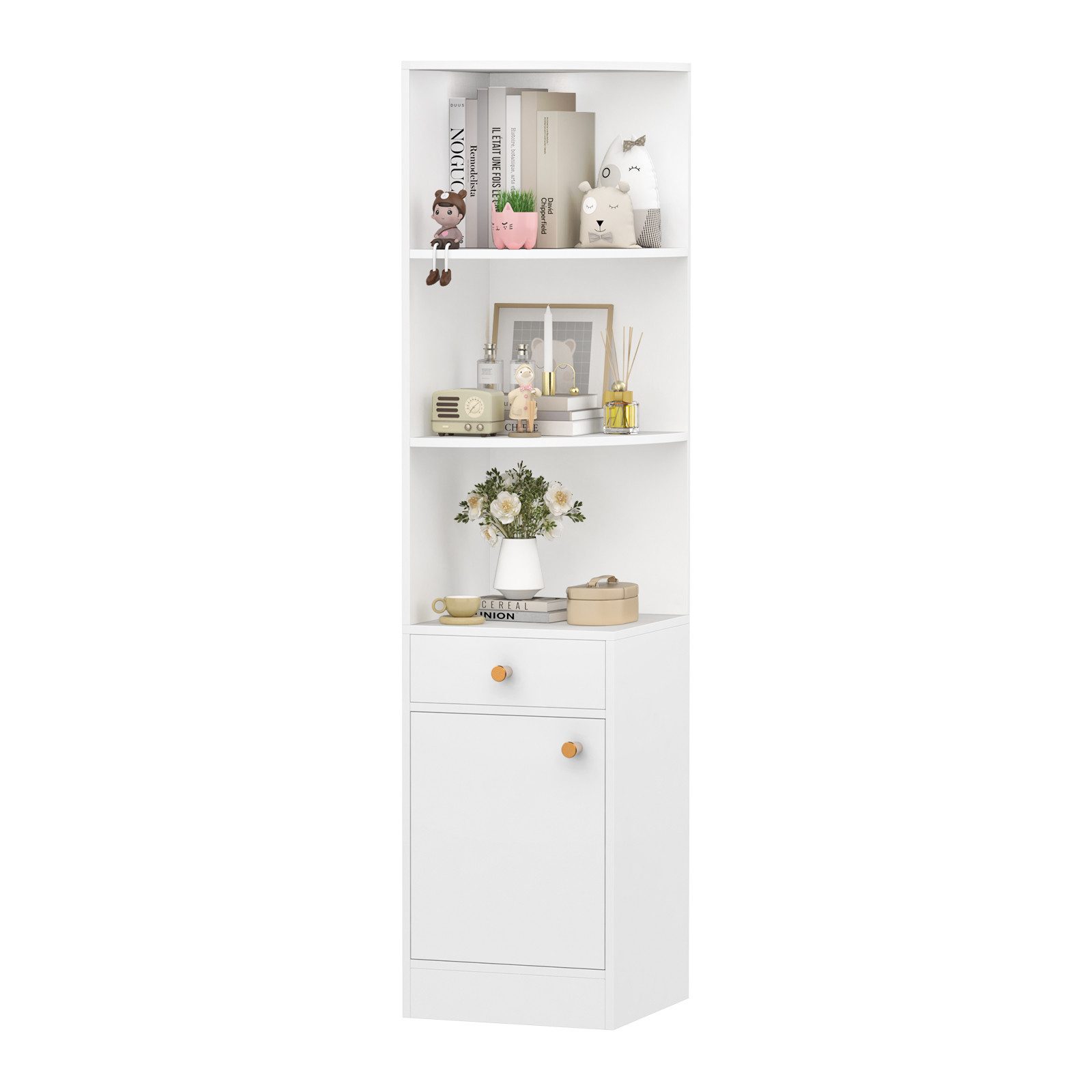JEOBEST Bücherregal Modernes Eckregal Hochschrank 160cm, Standregal Lagerregal, 1St. 3 Offene Regale Eck-Bücherschrank,1 Schublade,1 Schrank mit Türen