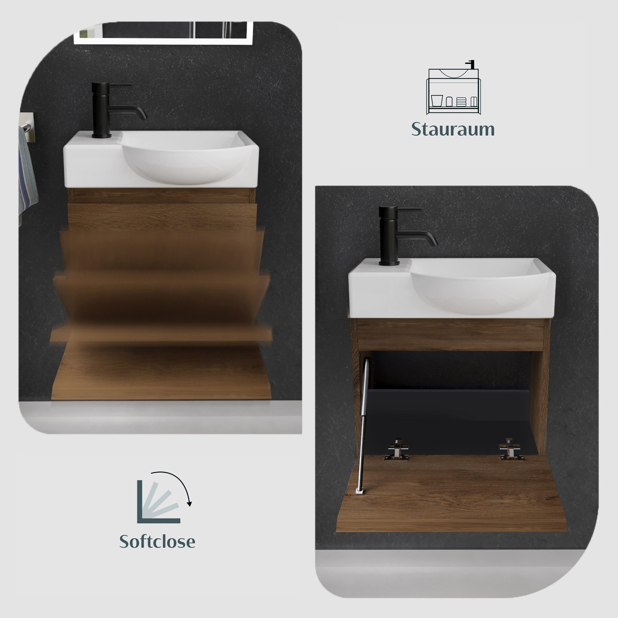 Alpenberger Badmöbel-Set - Gäste WC Waschbecken mit Unterschrank 45 cm Breit, (Badschrank 2-tlg., Waschtisch hängend), Waschbeckenunterschrank mit Softclose - F – Bild 4 von 5