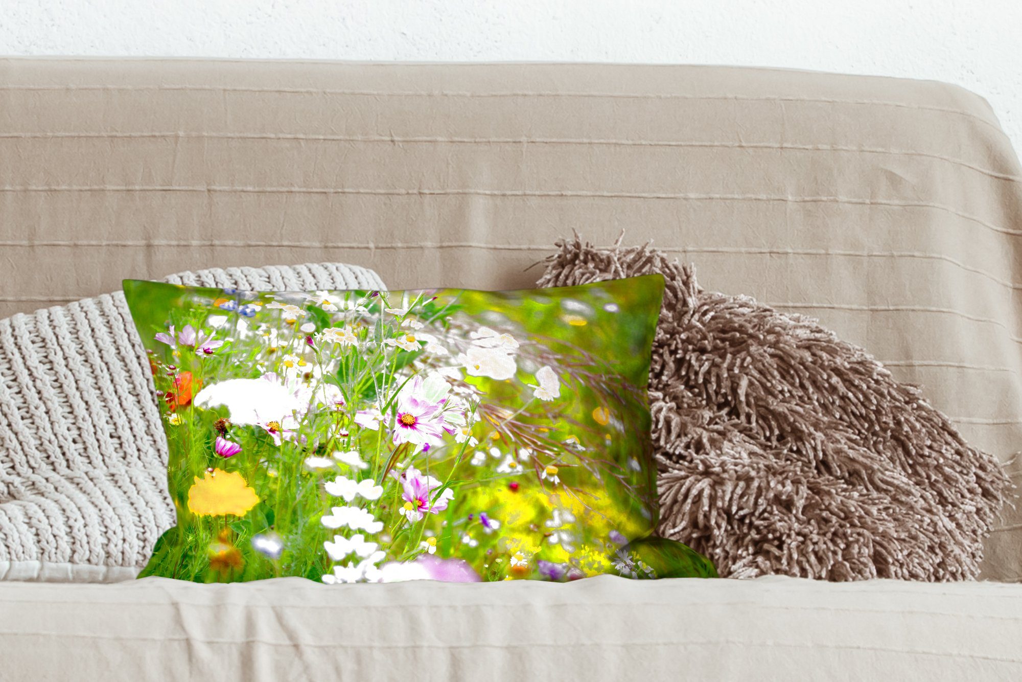- Wohzimmer MuchoWow Lila Dekokissen Dekoration, - Weiß, Gras - - Natur Zierkissen, Grün Füllung, Schlafzimmer Dekokissen mit - Blumen