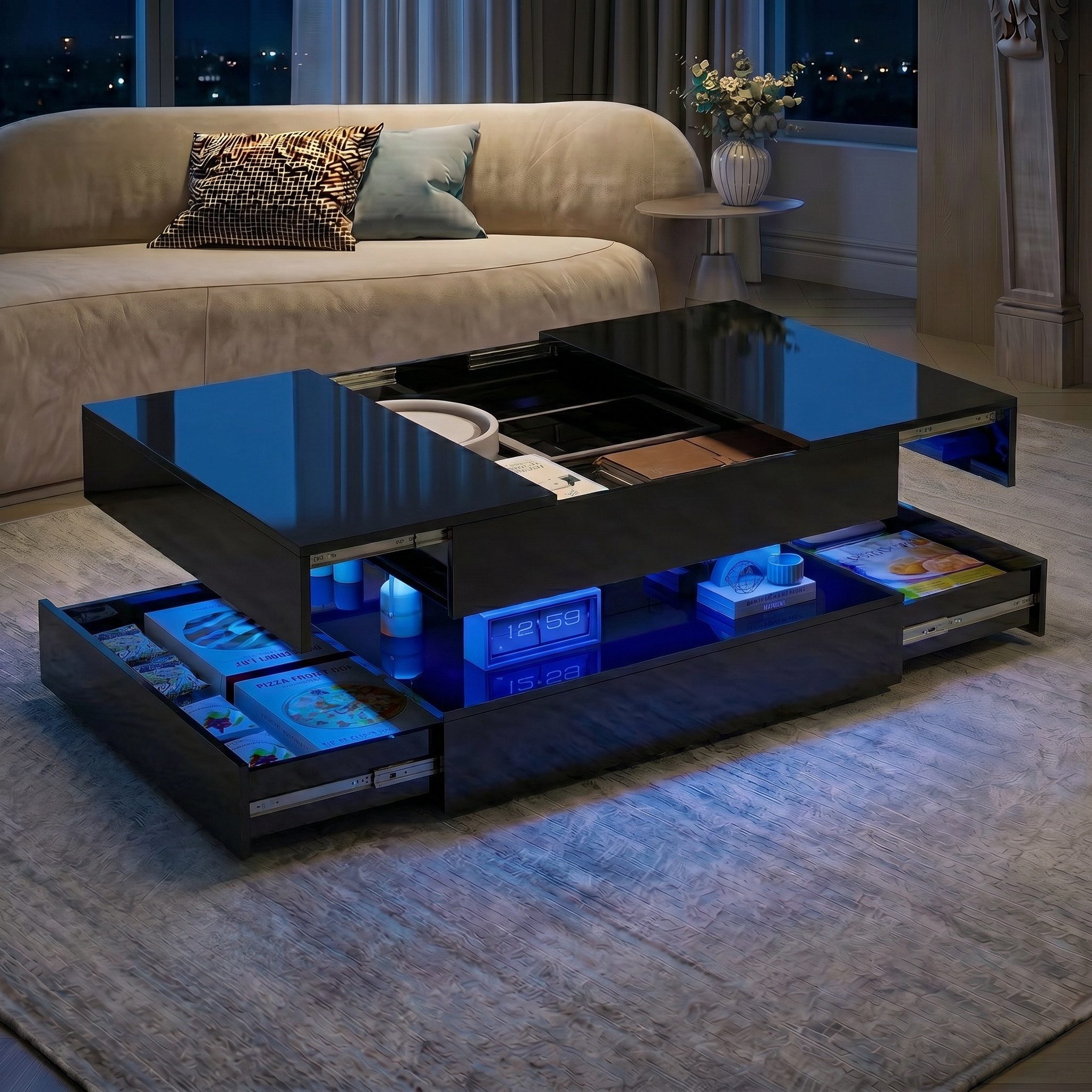 Furnishings Home Couchtisch LED-Couchtisch mit Stauraum & Tech Design (1-St., Hochglänz Oberfläche), Mit versteckter Stauraum und integrierter Beleuchtung