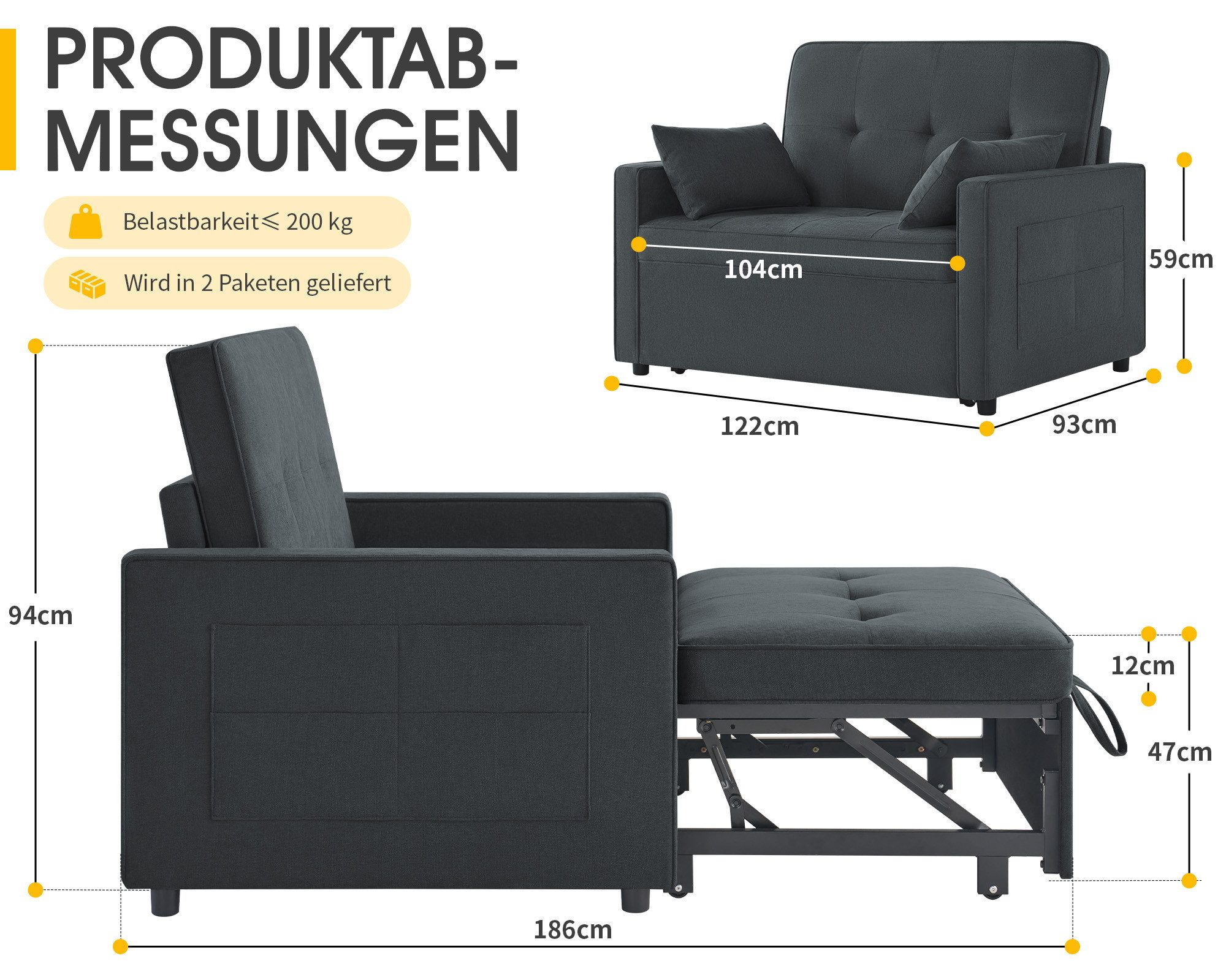 AMERLIFE Schlafsofa 3-in-1 Sofa, 5-stufig Verstellbar, mit Seitentaschen & Kissen, 122x93x94cm, 2er-Sofa mit Bettfunktion, 300kg tragbar