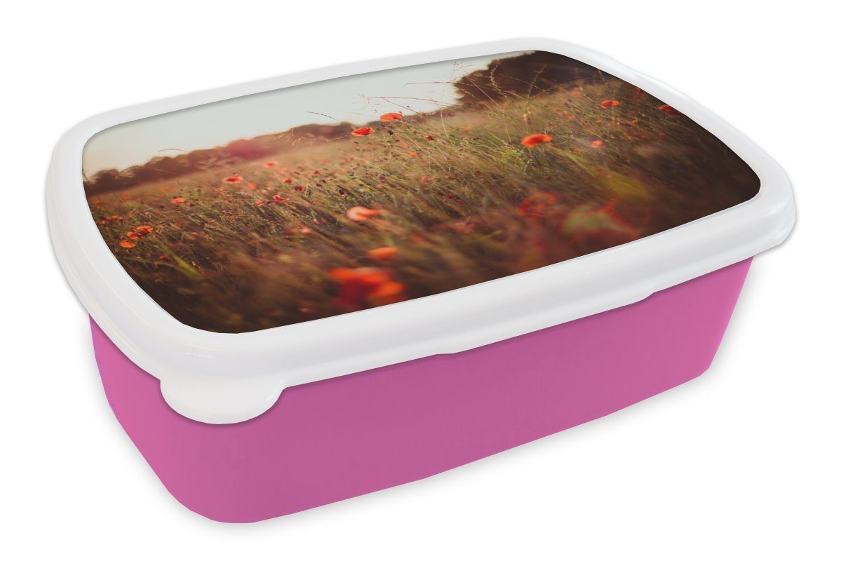 MuchoWow Lunchbox Sonnenuntergang - Blumen - Rot, Kunststoff, (2-tlg), Brotbox für Erwachsene, Brotdose Kinder, Snackbox, Mädchen, Kunststoff rosa