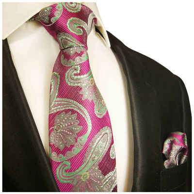 Paul Malone Krawatte Herren Seidenkrawatte mit Tuch modern paisley brokat 100% Seide (Set, 2-St., Krawatte mit Einstecktuch) Schmal (6cm), pink grün 2026