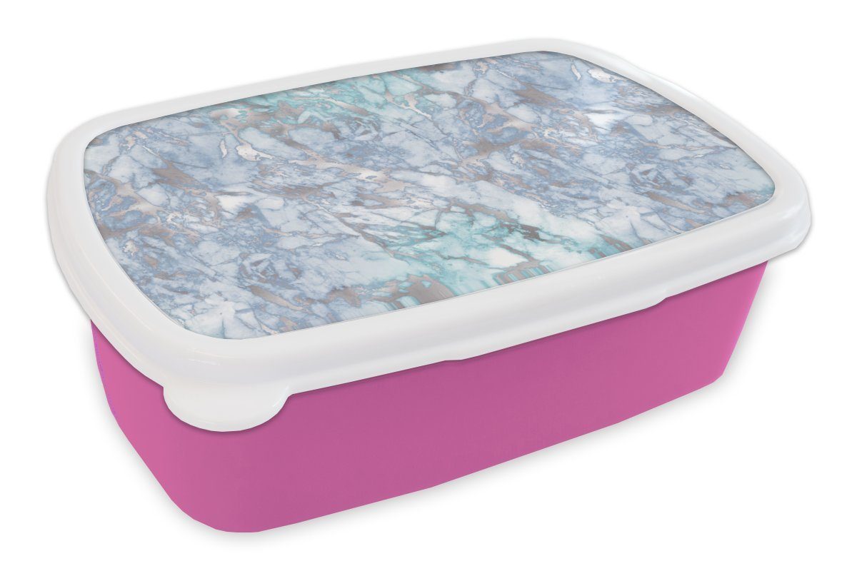 MuchoWow Lunchbox Silber - Blau - Gemustert - Marmor, Kunststoff, (2-tlg), Brotbox für Erwachsene, Brotdose Kinder, Snackbox, Mädchen, Kunststoff rosa