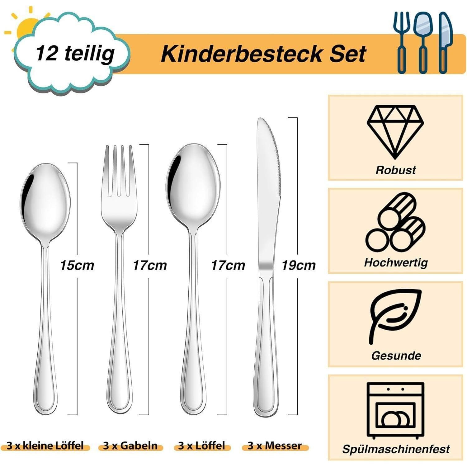 LuxusKollektion Kinderbesteck Kinderbesteck 12teilig Edelstahl Gabel Messer Löffel Eleganter Griff