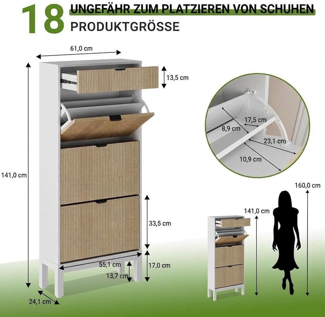 GarveeMore Schuhschrank mit 3 Klappschubladen und 1 Schublade,Schuhkipper,Schuhkommode (freistehendes, schmales Schuhregal, Landhaus-Schuhschrank mit 3 Klappfäc – Bild 2 von 5