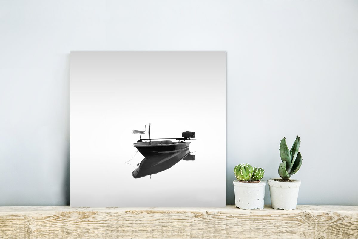 Wasser Metallbild und in Aluminium weiß schwarz aus deko (1 Gemälde MuchoWow St), ruhigem Boot drucken, Metall, Alu-Dibond-Druck,