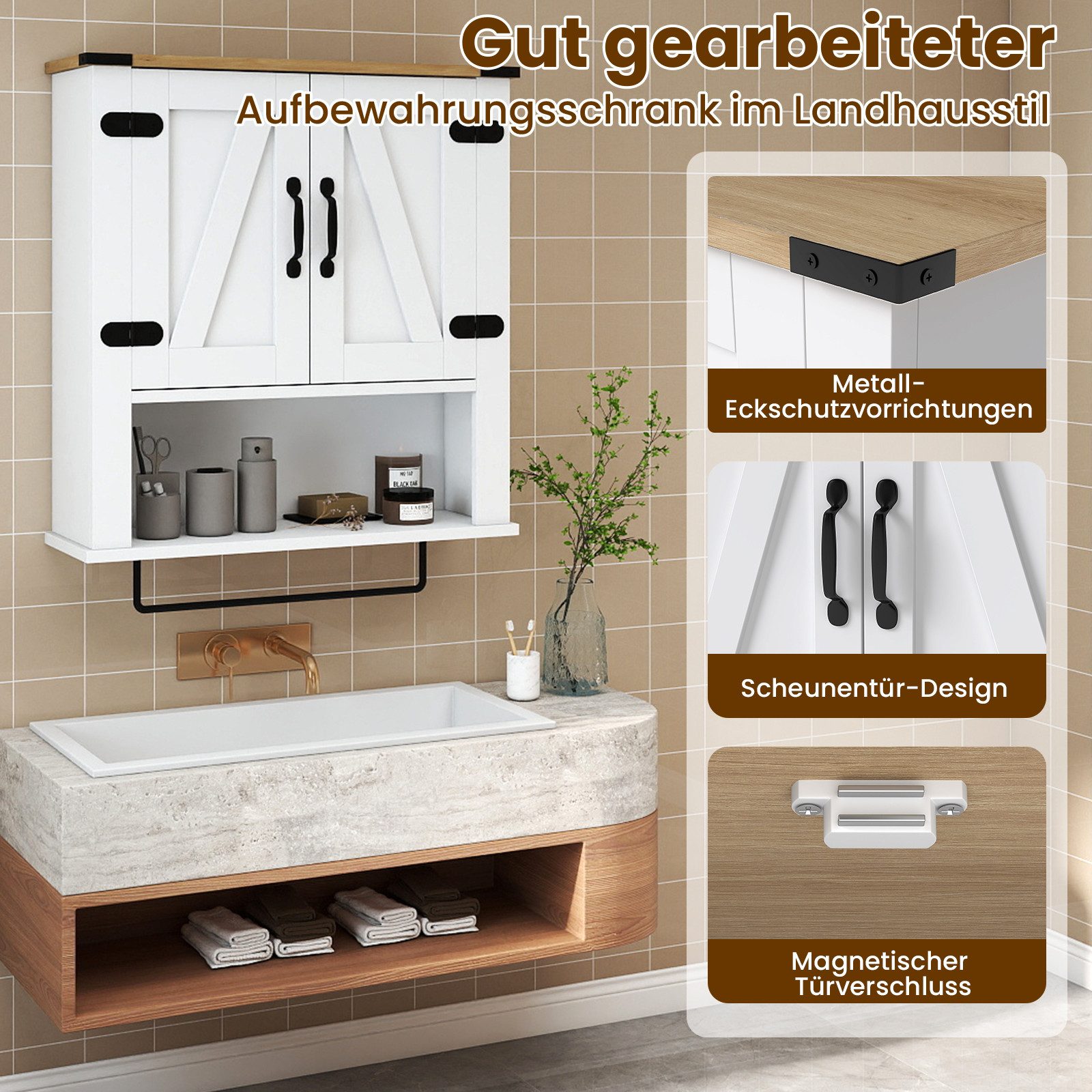 COSTWAY Hängeschrank Küche Badezimmerschrank Medizinschrank Landhausstil weiß