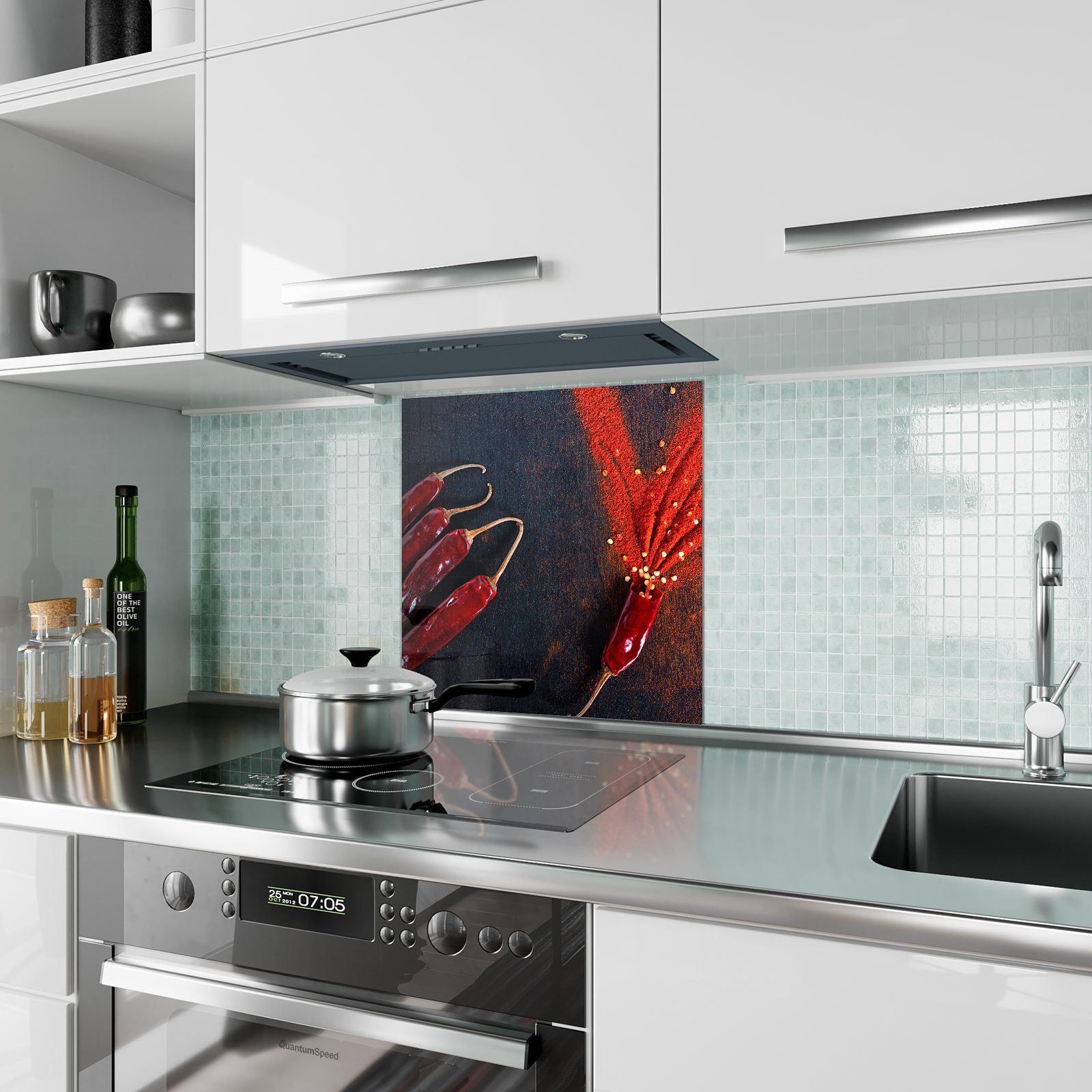 Primedeco Chilipulver Küchenrückwand Spritzschutz Schoten Motiv und mit Glas Küchenrückwand