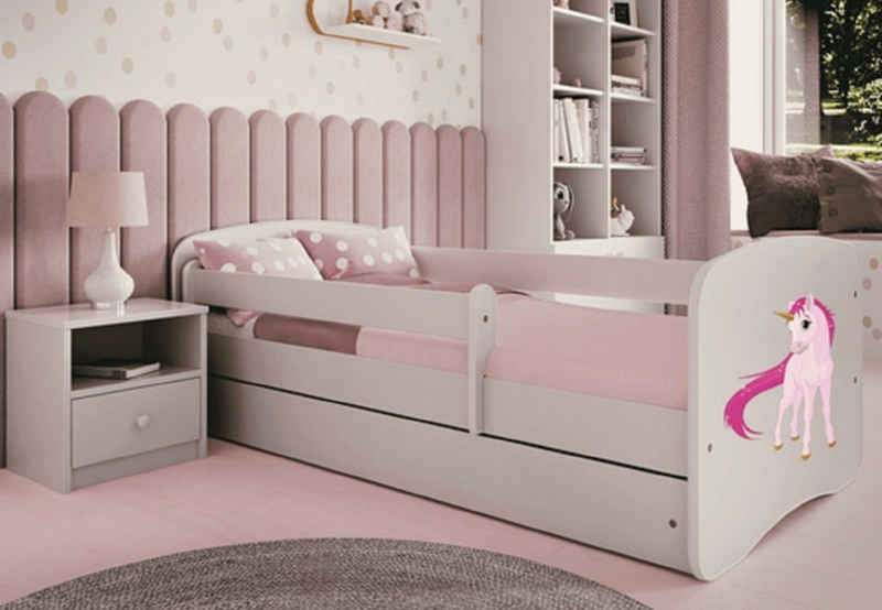 Kids Collective Kinderbett Jugendbett Kinderbett mit Rausfallschutz, Lattenrost & Schublade, 160x80 in weiß Mädchen Bett rosa Einhorn, Matratze optional