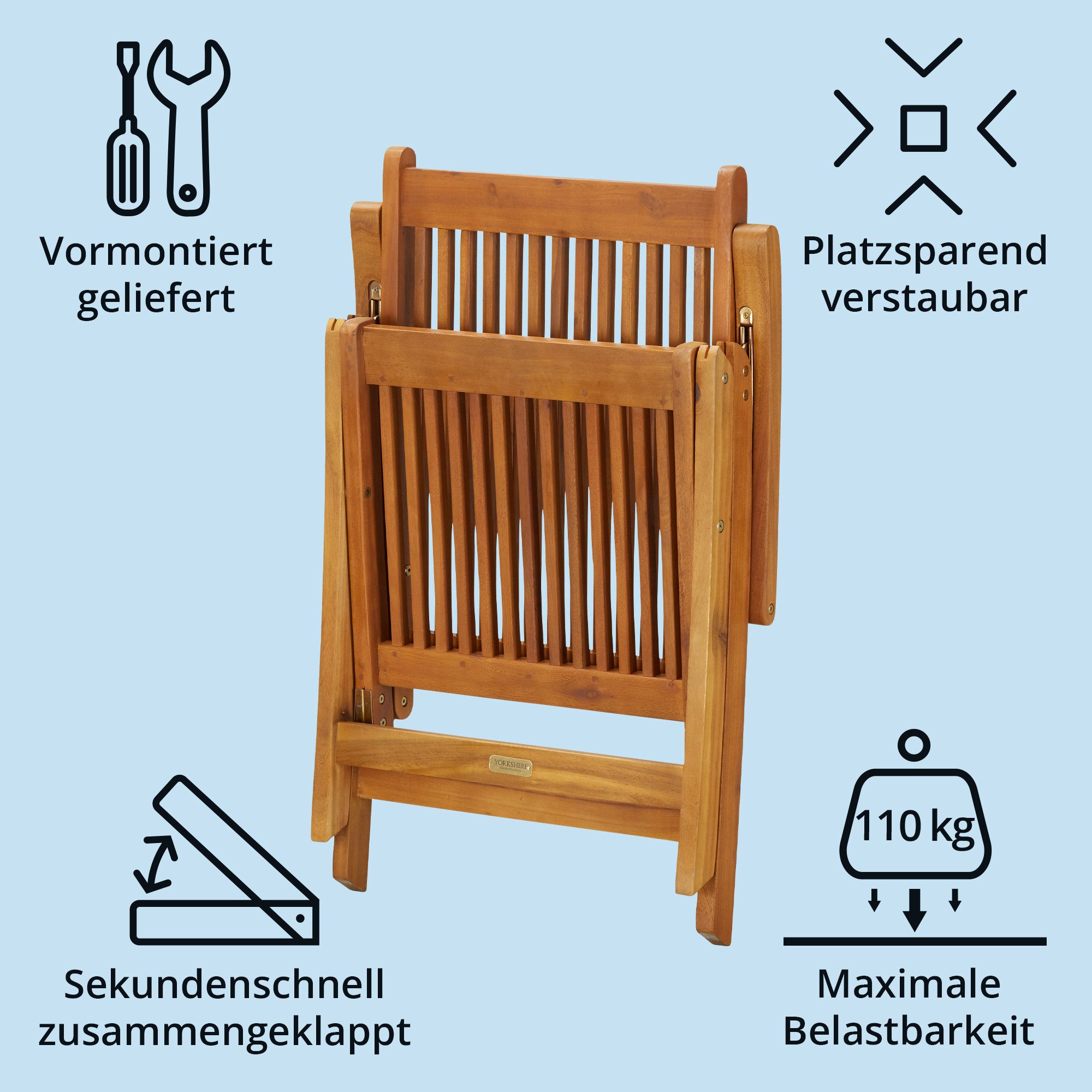 KHG Gartenstuhl Hochlehner mit Armlehnen aus 100% Akazien-Echtholz (klappbar, wetterfest, verstellbare Rückenlehne, 110kg belastbar)