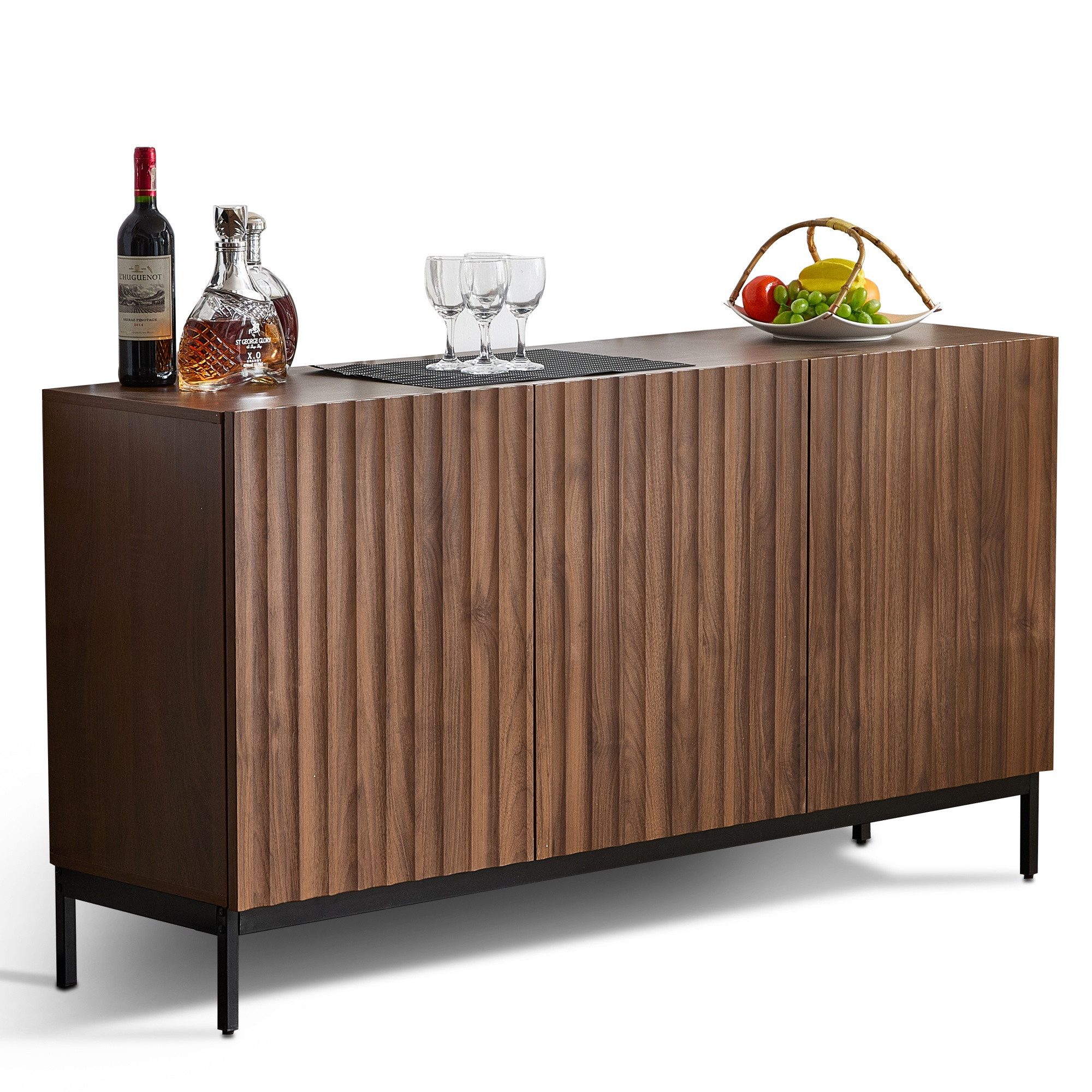 autolock Sideboard Mid-Century Modern Sideboard in dunkel gemaserter Eiche (150×40×80 cm, verstellbaren Einlegeböden und Kippsicherung), 3-türiger Dekoschrank mit welligem 3D-Design für Wohnzimmer, Esszimmer