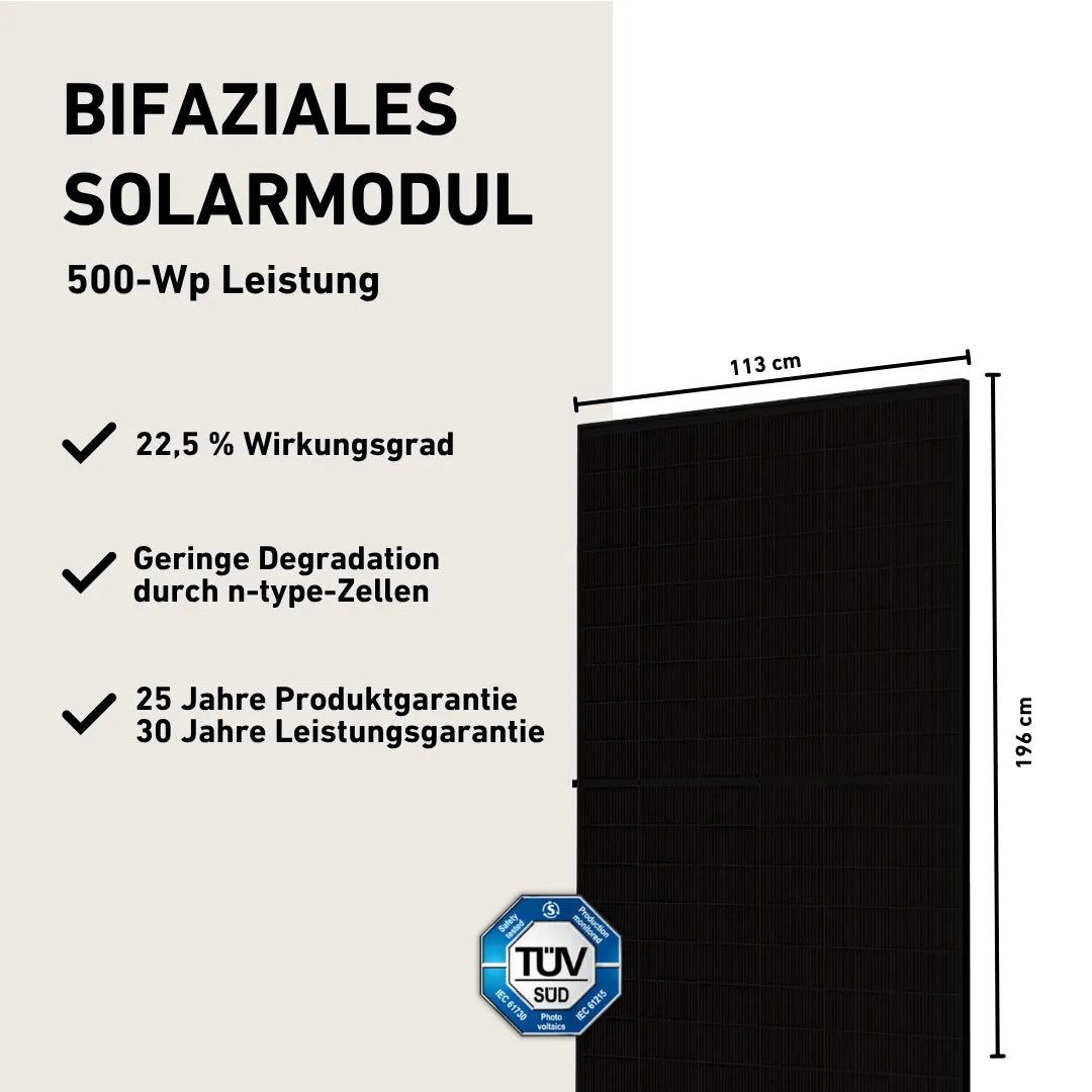 Balkonstrom Balkonkraftwerk MAX Pro 2000 Watt Solaranlage mit Speicher Komplettset Bifazial, 2000 W, Monokristallin, (4x Sunpro Solarmodul á 500 Watt, 1x Hoymiles HiBattery 4020 X, 1-3 Zusatzspeicher HB-4020-S), Halterung für Dach, Fassade, Balkon & Garten, App & Plug&Play DE
