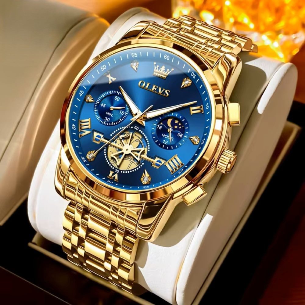 OLEVS Quarzuhr Herrenuhr Olevs Chronograph – Luxuriöses Blau-Gold Design