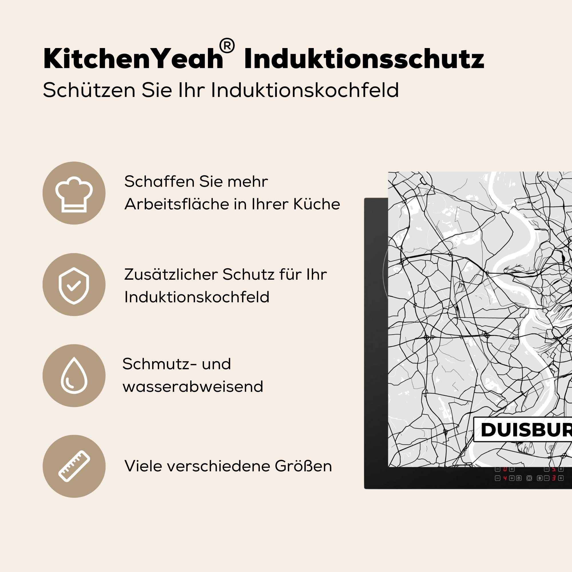 Ceranfeldabdeckung, Herdblende-/Abdeckplatte 78x78 Stadtplan Deutschland, für tlg), Duisburg Vinyl, MuchoWow Karte küche Arbeitsplatte - (1 cm, - -