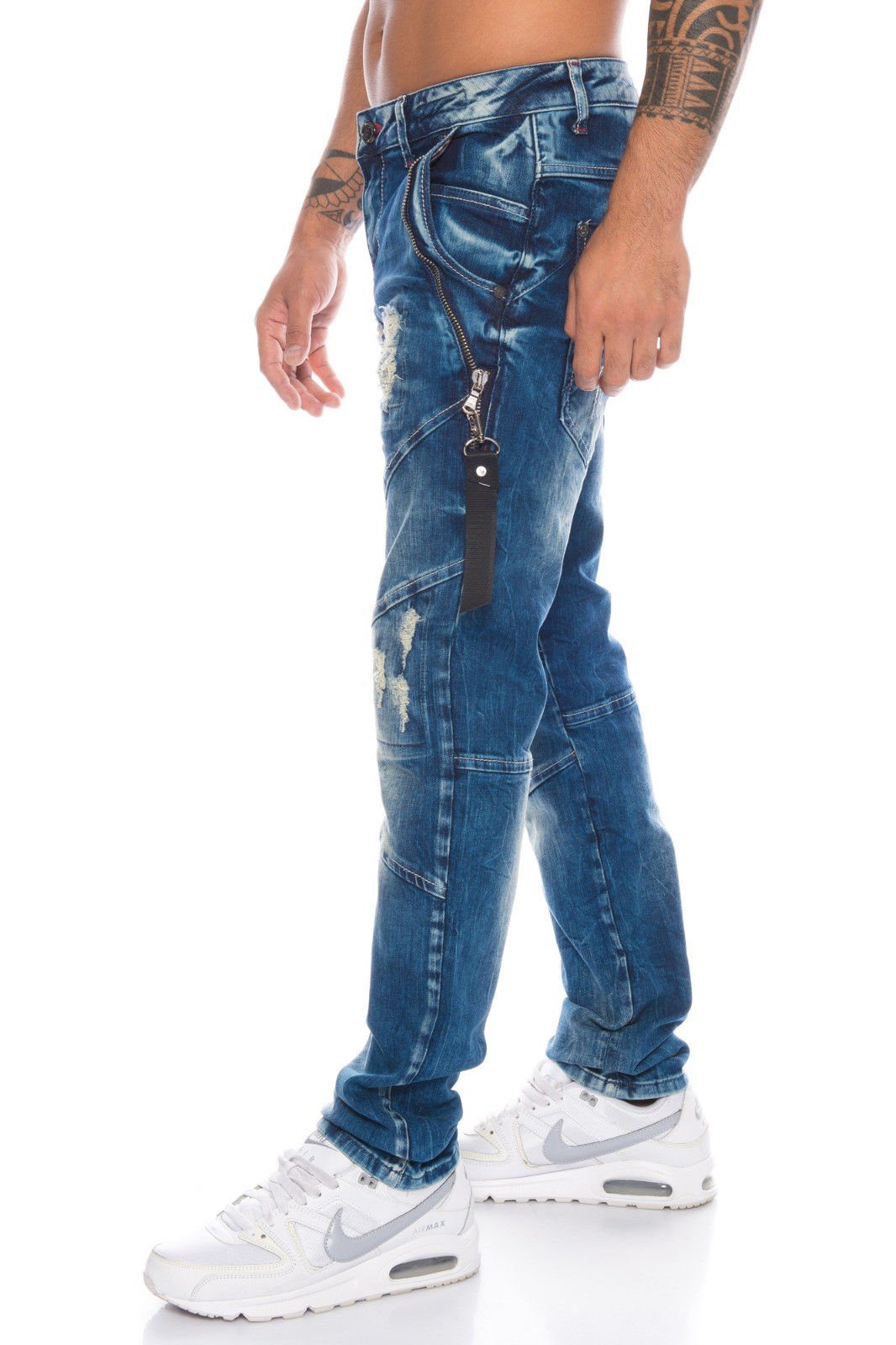 Cipo & Baxx Slim-fit-Jeans Herren Jeans mit Reißverschlussapplikationen und  destroyed Look Jeans mit Reißverschlussapplikationen und destroyed Look