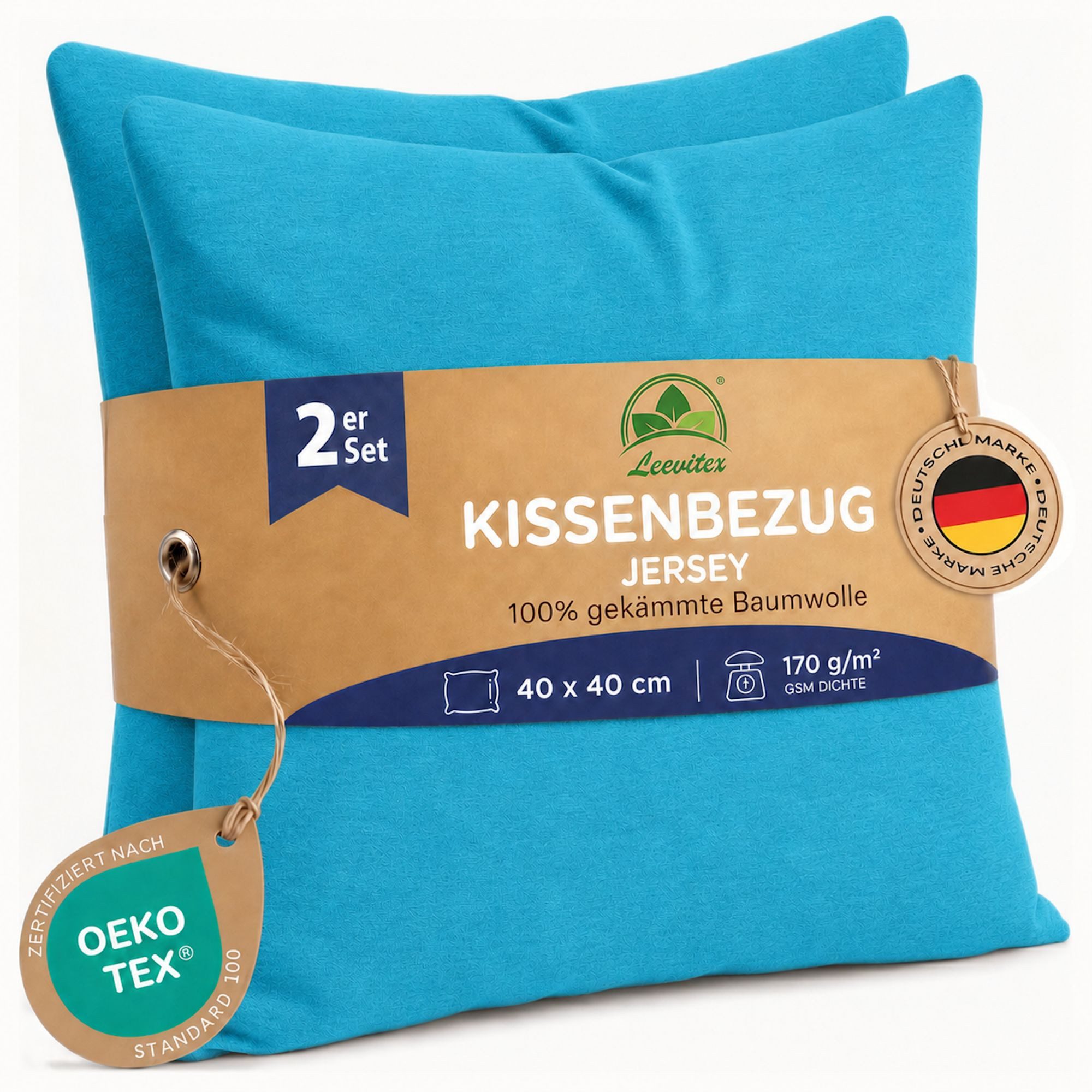 leevitex® Kissenbezüge Kissenbezug 40 x 40 cm, 2er Set, Türkis/Ocean, (2 Stück), feine Jersey-Qualität, 100% Baumwolle, robuster Reißverschluss