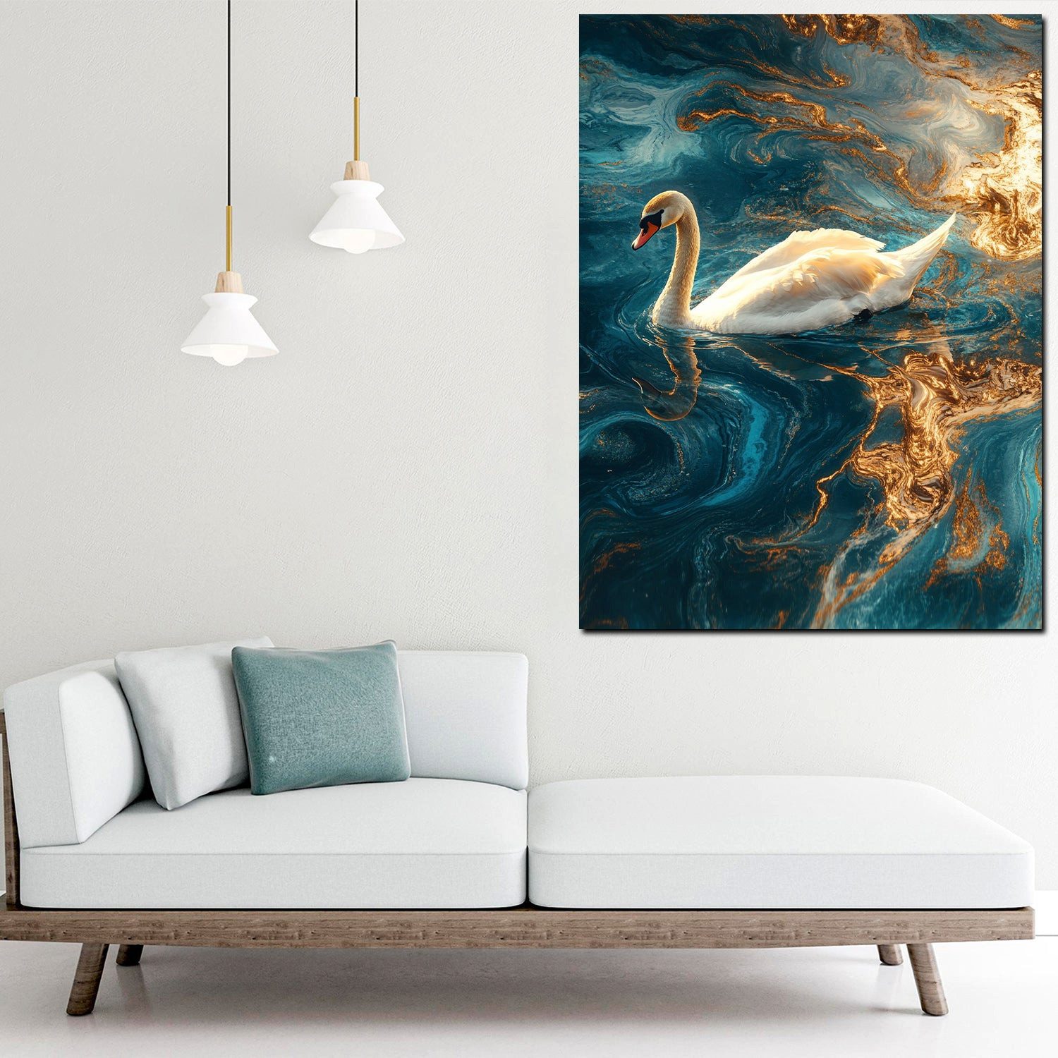 Artedinoi Leinwandbild Edler Schwan auf goldblauem Wasser Leinwandbild Wandbild Kunstdruck Wa, Schwan auf goldblauem Wasser