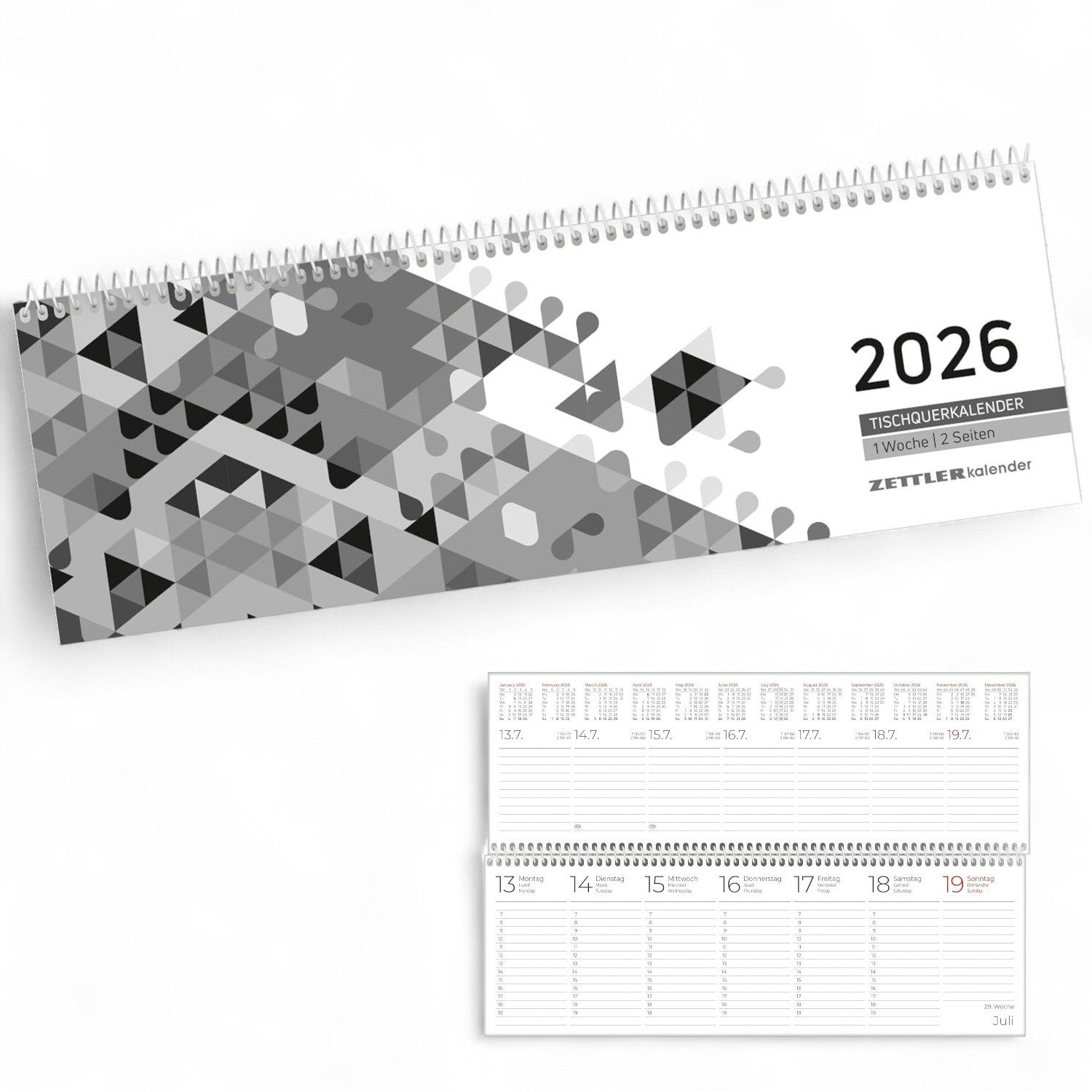 ZETTLER Schreibtischkalender ZETTLER 2026 Pultkalender 1W 2S schwarz Querkalender Spiralkalender Sc