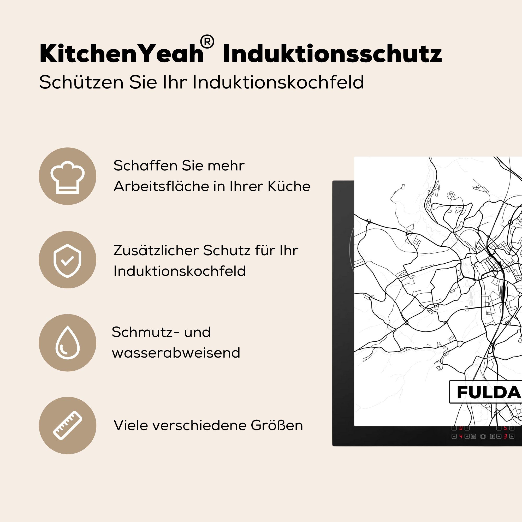 tlg), küche Stadtplan Vinyl, - cm, Ceranfeldabdeckung, Karte MuchoWow Fulda, 78x78 - für (1 Herdblende-/Abdeckplatte Arbeitsplatte