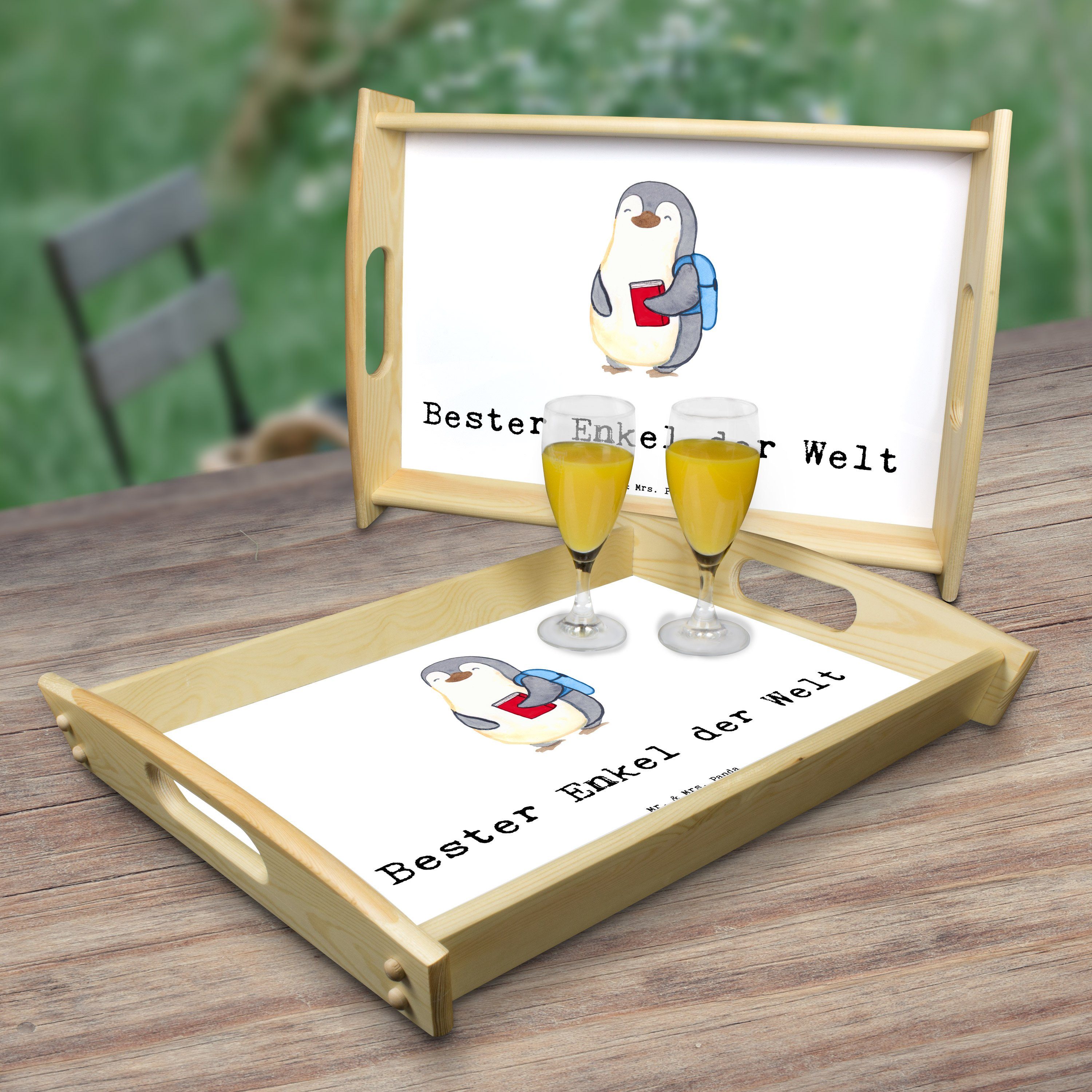 Mr. & Pinguin Bester Frühstückstablett, Weiß Geschenk, Welt Echtholz K, - Enkel Panda der (1-tlg) Tablett - lasiert, Mrs