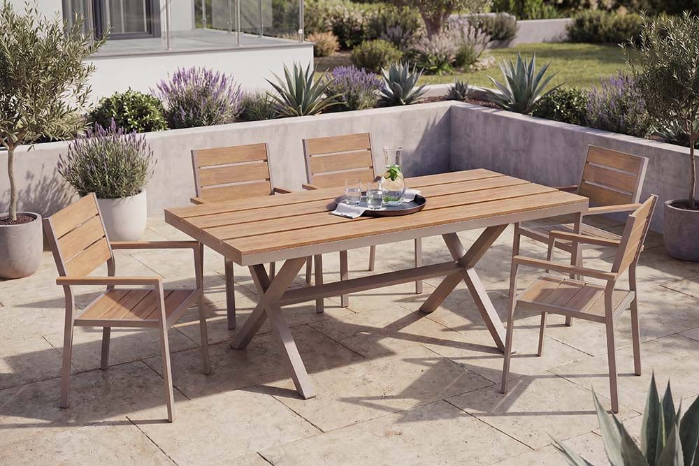 riess-ambiente Gartentisch DESIGNO 150cm natur/greige - WPC, Aluminium, X-Gestell, wetterfest (Einzelartikel, 1-St), Moderner Bohlentisch für 6 Personen - ideal für Terrasse oder Balkon