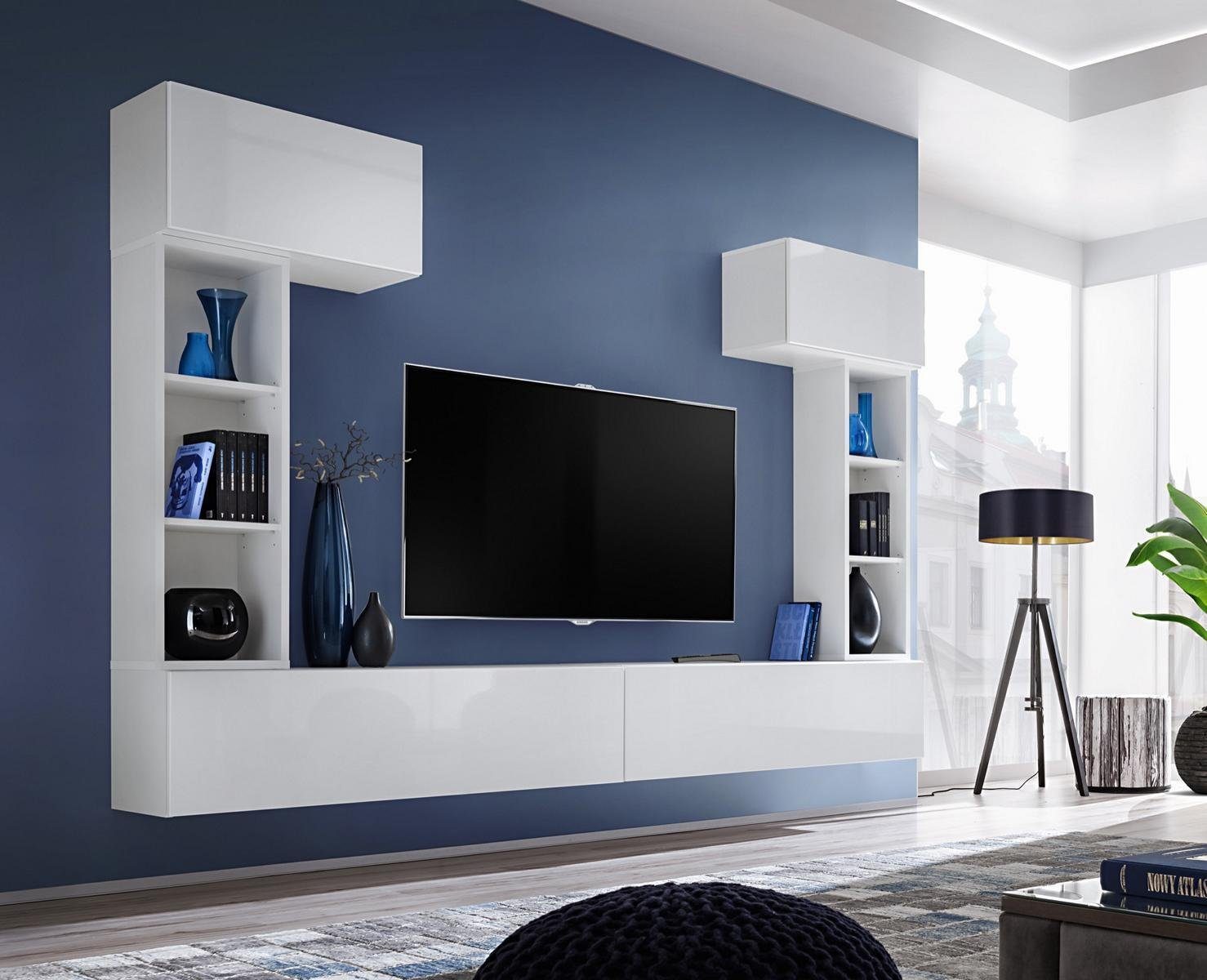 [Preise wurden überarbeitet] JVmoebel Wohnwand Lowboard Europa Wohnzimmer-Set Wohnwand Weiß Wandregale Designer TV in Made Möbel