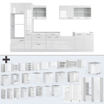 Livinity® Küchenzeile R-Line, Weiß Hochglanz/Weiß, 350 cm mit Hochschrank, AP Eiche