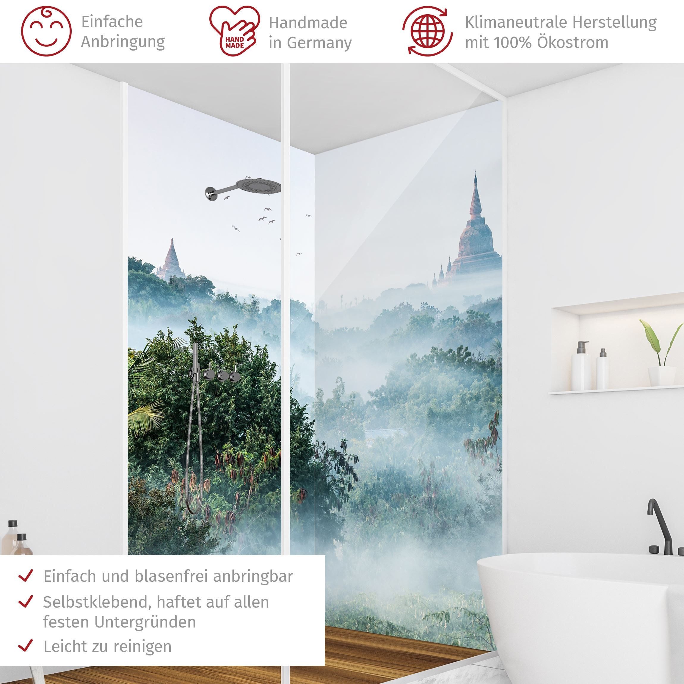 Thumbnail - Bilderdepot24 Badrückwand Wald grün Duschrückwand ohne Bohren Dusche Natur, (2-tlg., Hart-Folie Smart matt 0,35 mm), fug...